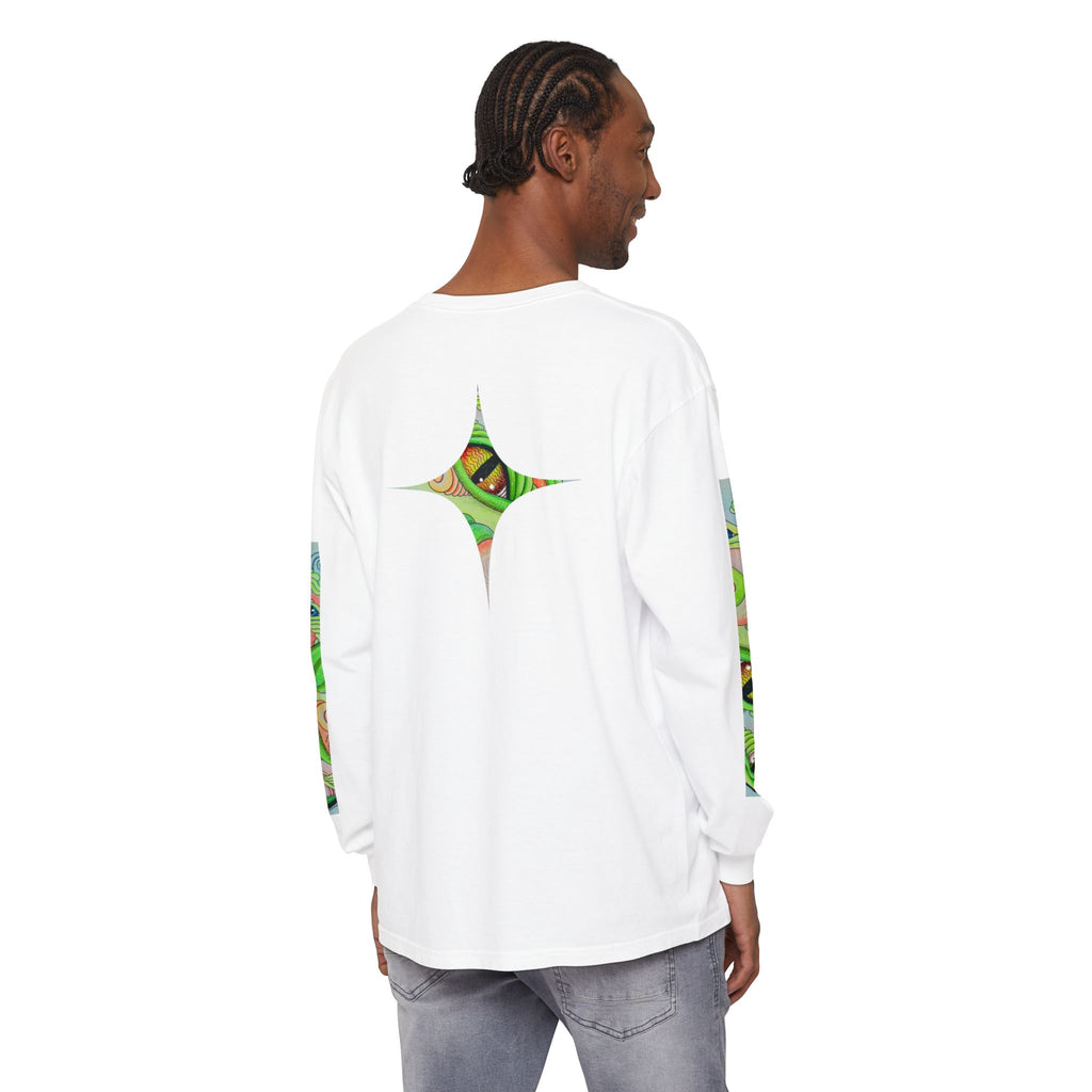 Psychedelic Green Triangle Long Sleeve Tee — Tribal Star Sleeve Artwork #gf086357
