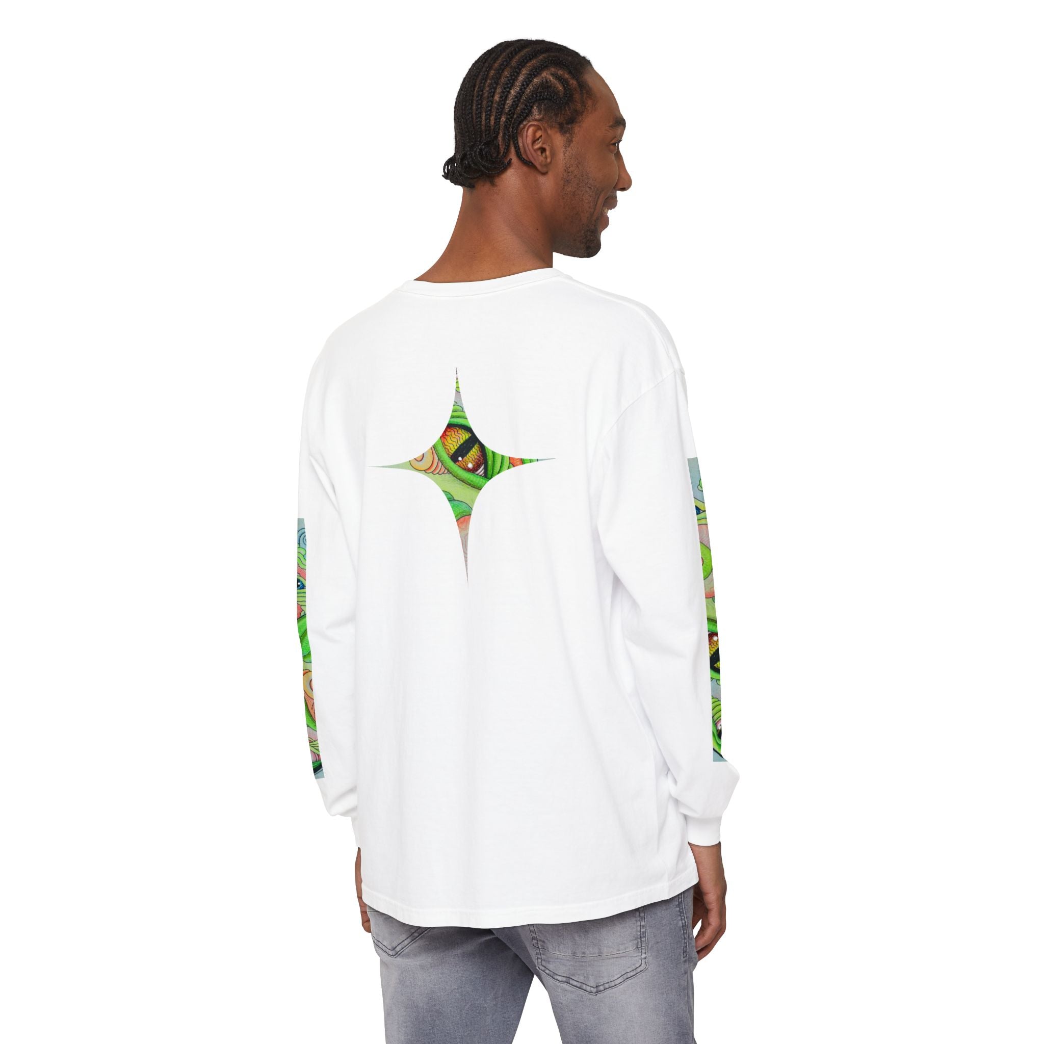Psychedelic Green Triangle Long Sleeve Tee — Tribal Star Sleeve Artwork #gf086357