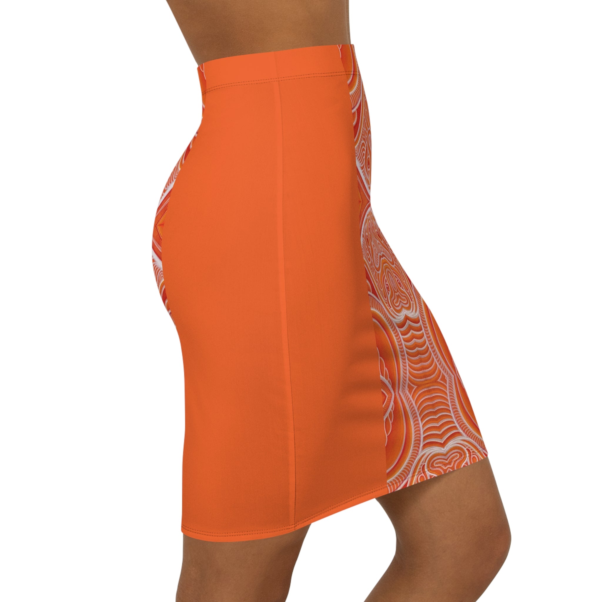 Orange Mandala Pencil Skirt — Boho Geometric Mid-Waist
