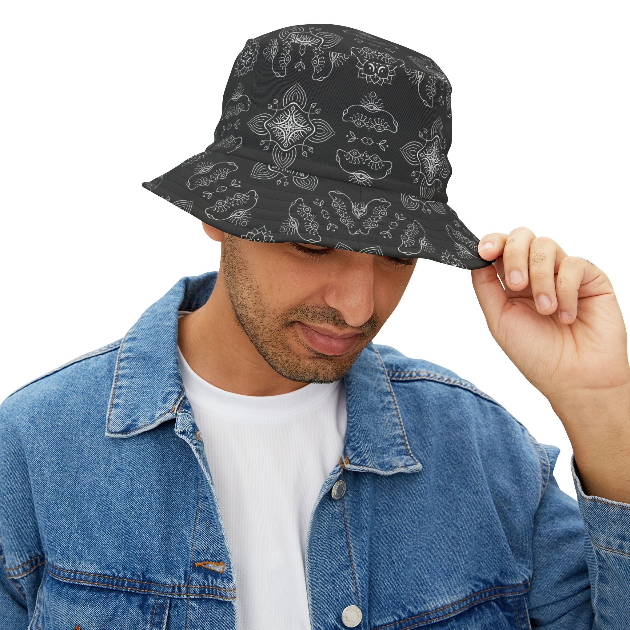 Black Paisley Pattern Bucket Hat - All-Over Print Casual Streetwear #j987557