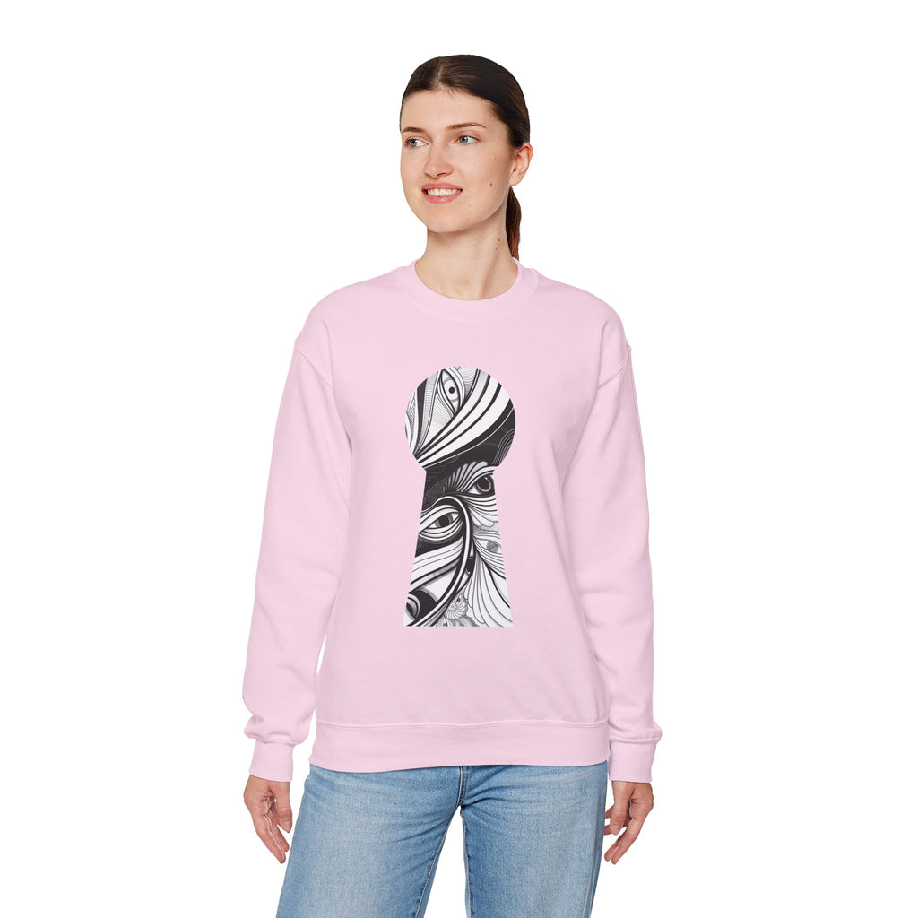 Crewneck Sweatshirt — Black & White Surreal Eye Keyhole Design #h5522168