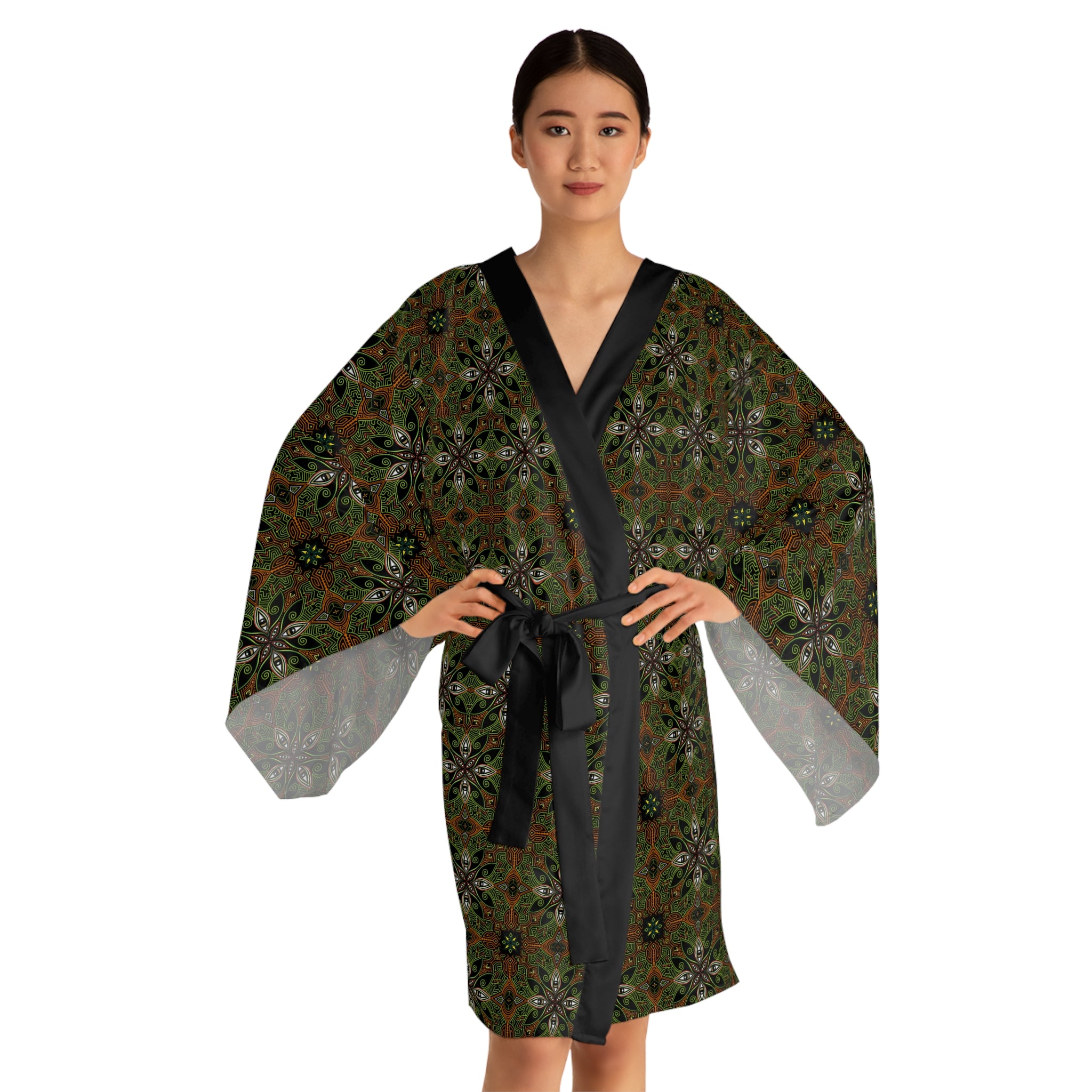 Green Floral Mandala Pattern Kimono Robe | Long Sleeve