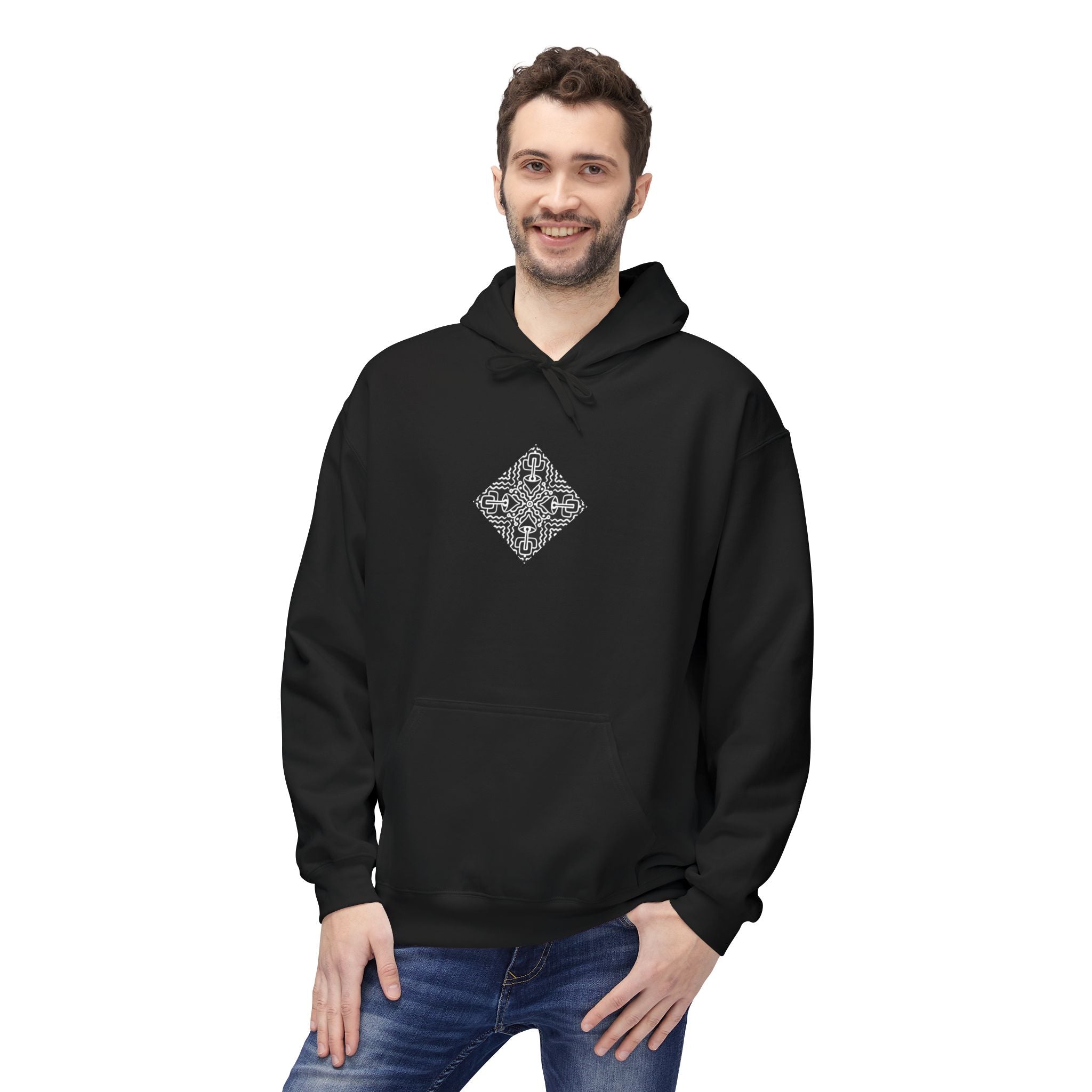 Geometric Mandala Hoodie — Monochrome Diamond Line Art Chest & Back Print #k0873568