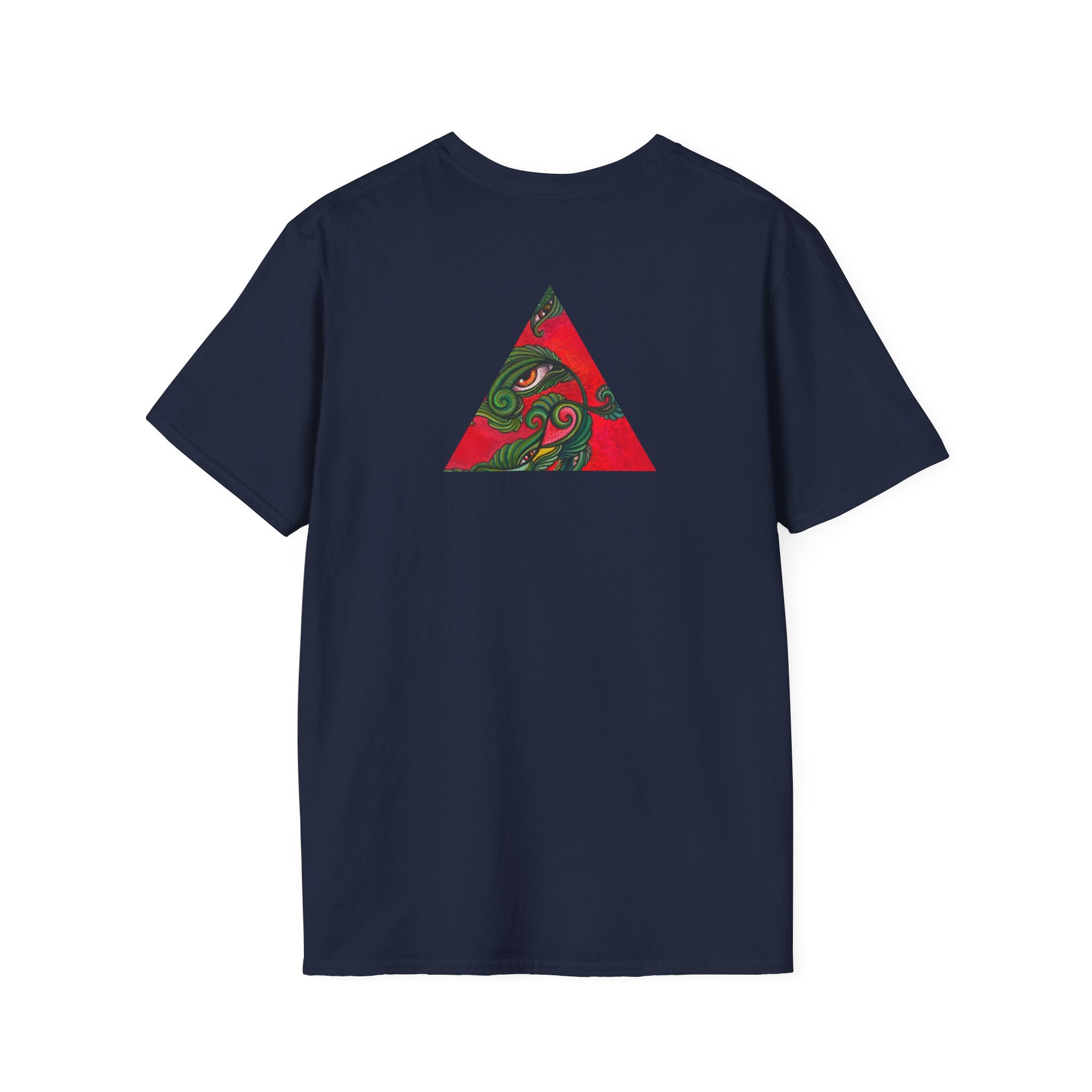 Geometric Tribal Eye Tee — Abstract Red & Green Triangle Graphic T-Shirt #sx432177