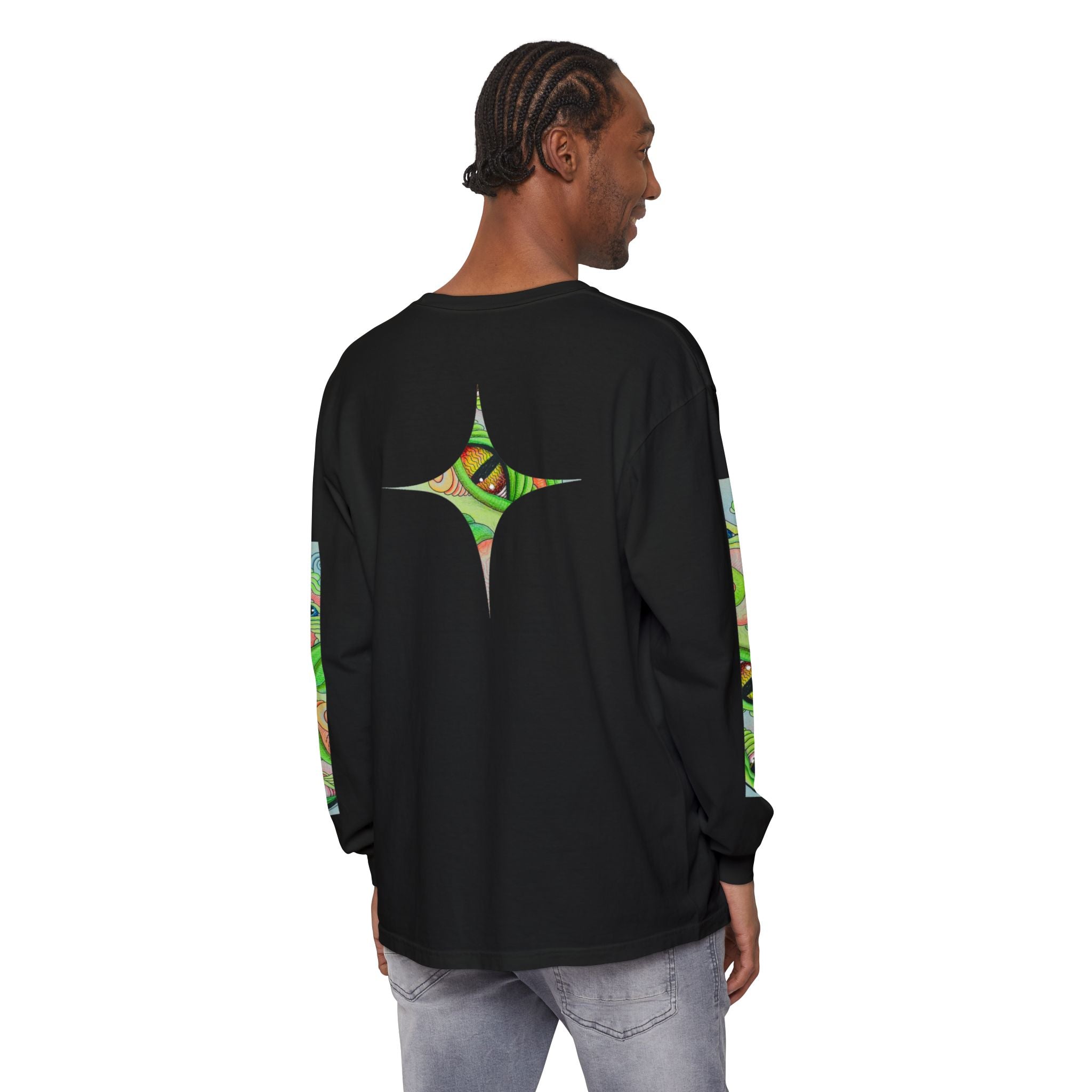 Psychedelic Green Triangle Long Sleeve Tee — Tribal Star Sleeve Artwork #gf086357