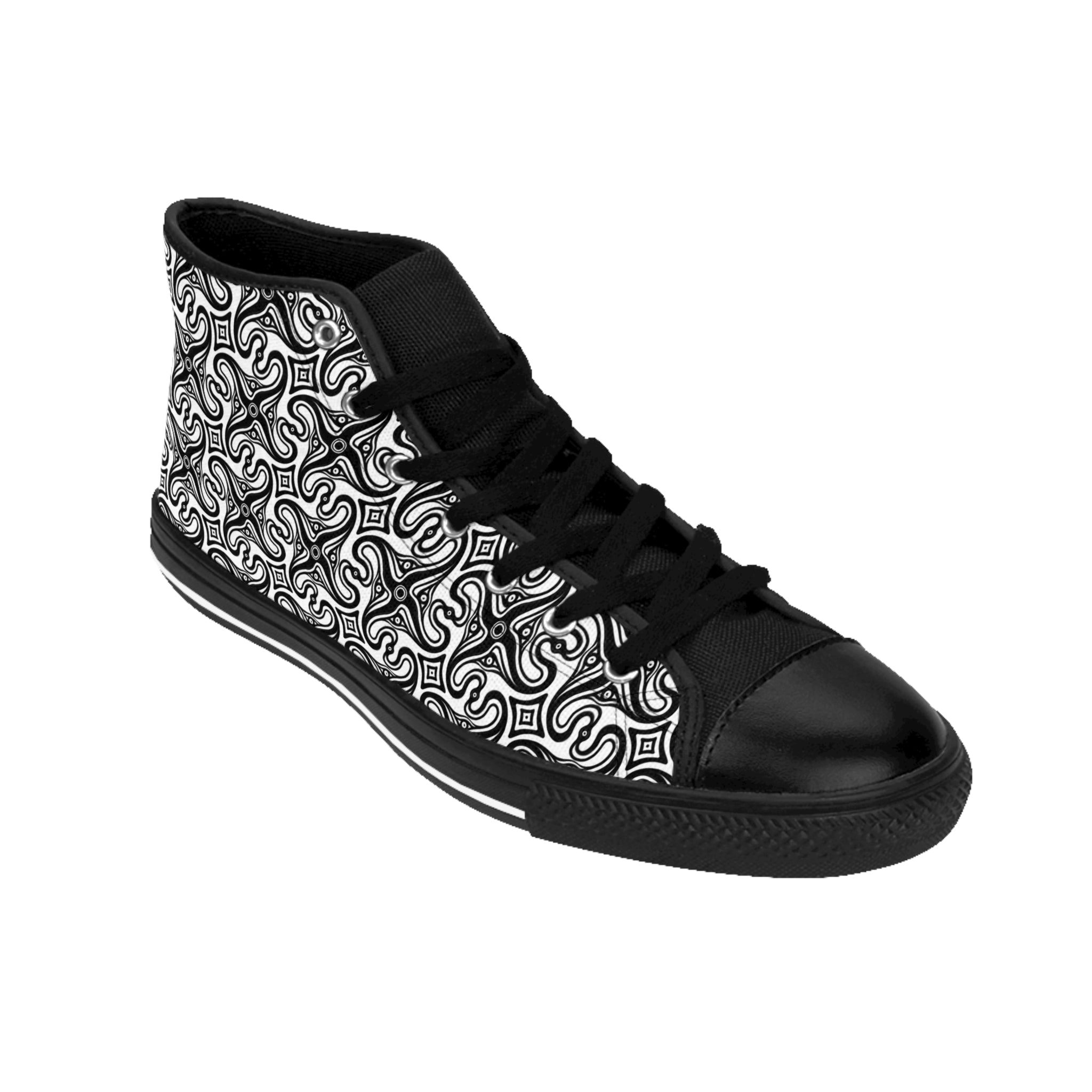 High-Top Sneakers — Black & White Geometric Swirl Pattern #g987678
