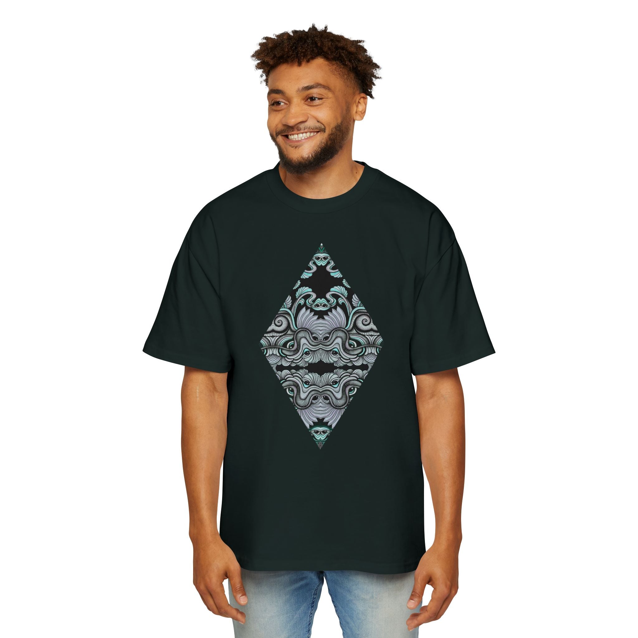 Men's Oversized Tee — Geometric Wave Pattern Diamond & Back Panel Graphic #gwp21
