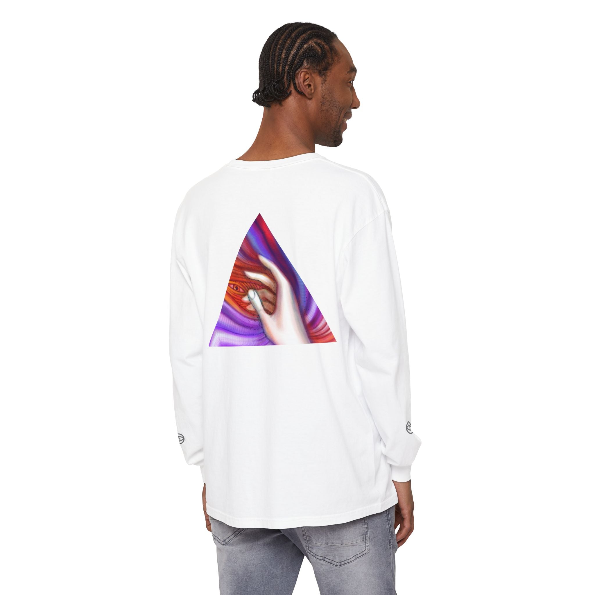 Long Sleeve T-Shirt — Triangular Hand Art Graphic (White) #sh26774