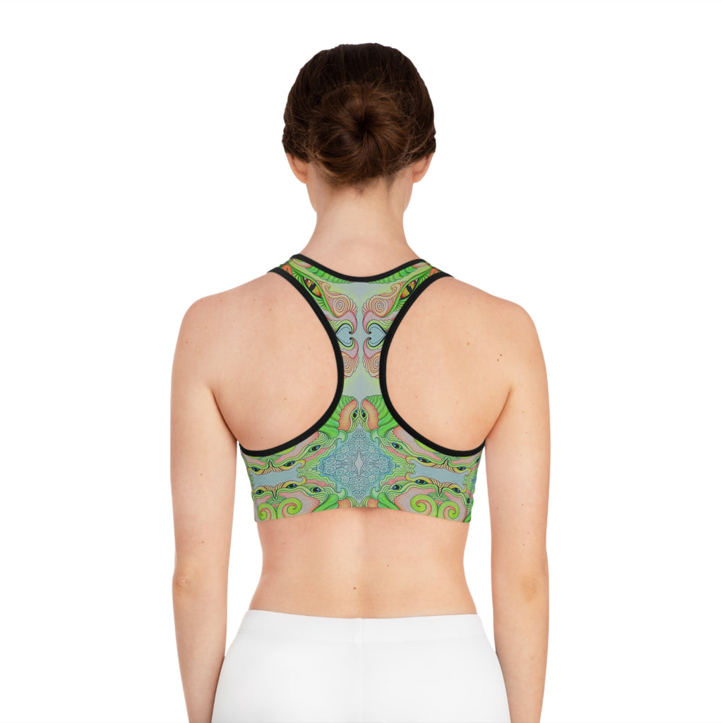 Psychedelic Green Kaleidoscope Sports Bra — All-Over-Print Activewear  #rth4445