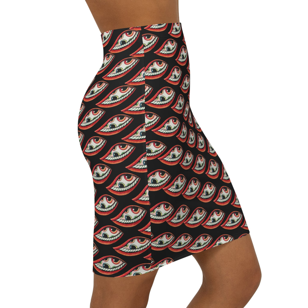 Eye Pattern Pencil Skirt — Red & Black All-Over Print #da456