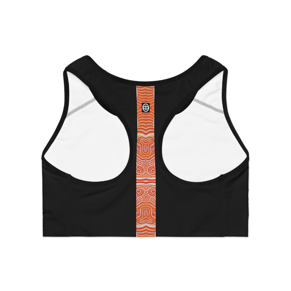 Women's Black Sports Bra with Vertical Orange Tribal Stripe — Athletic Crop Top #g000647