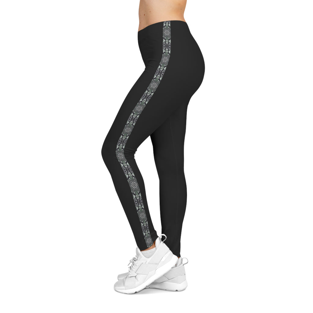 Women's Black Side-Stripe Leggings — Floral Pattern Athletic & Casual Yoga Pants # d479533
