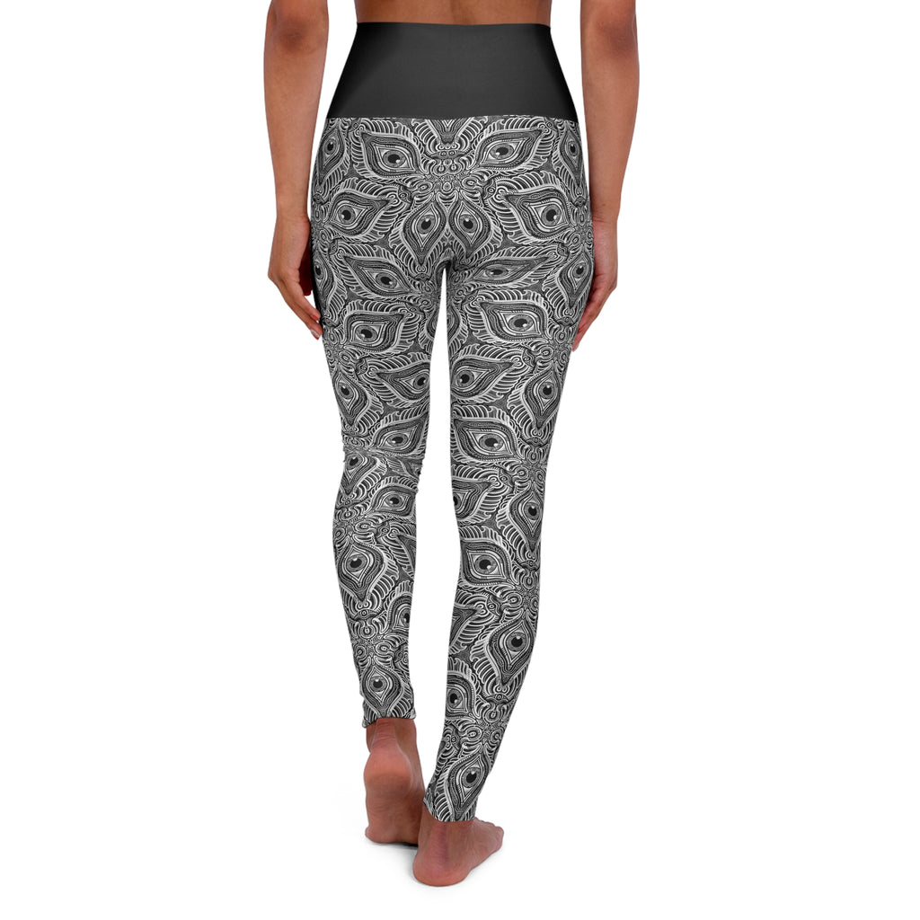 High-Waist Yoga Leggings — Monochrome Geometric Mandala Print #ml32