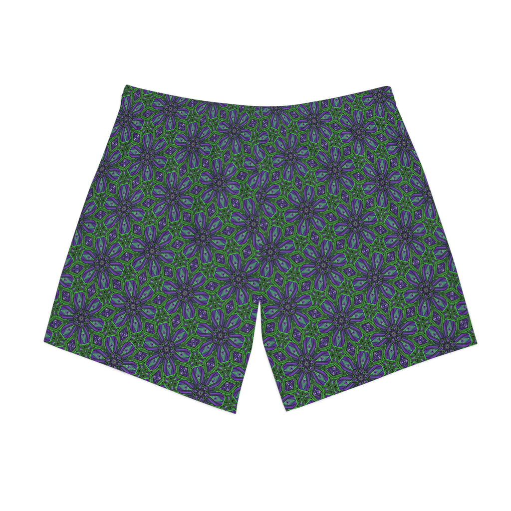 Floral Kaleidoscope Beach Shorts — Green & Indigo All-Over Print #sk08757