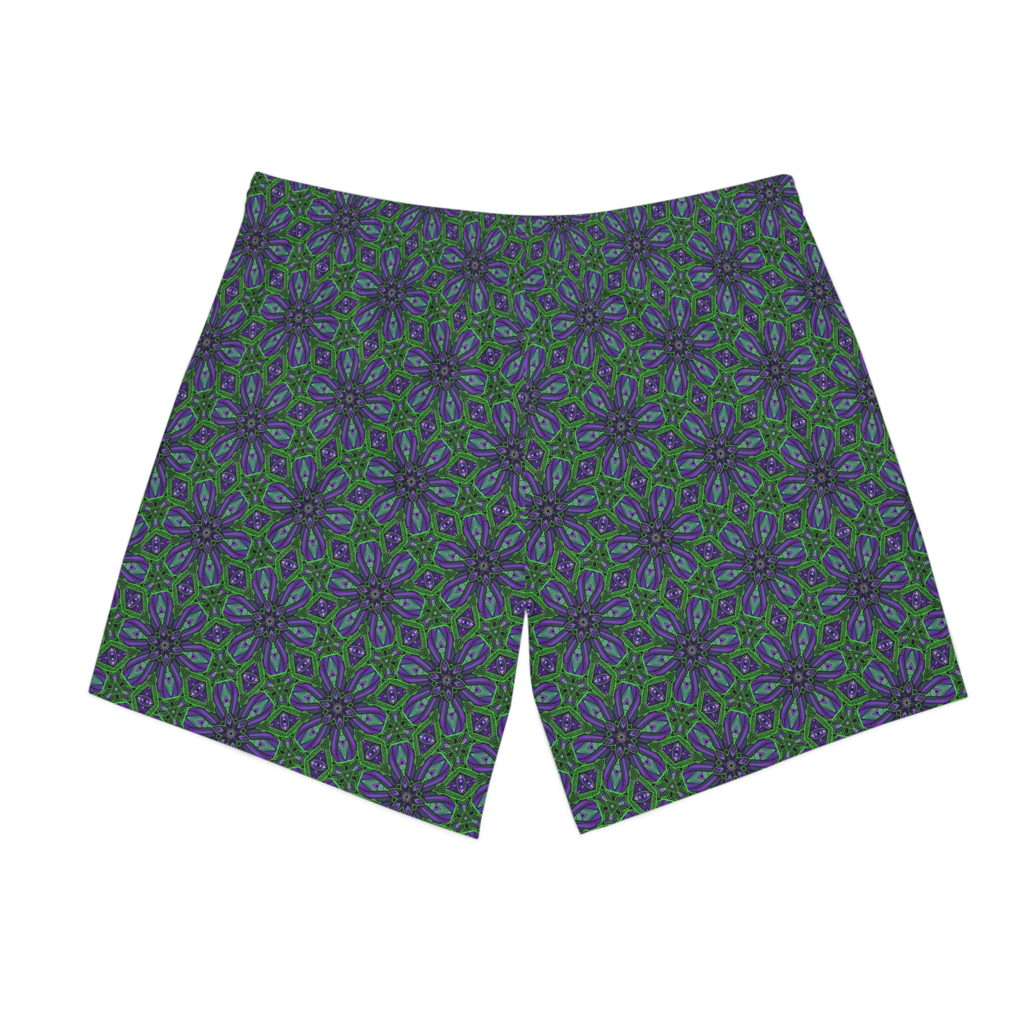 Floral Kaleidoscope Beach Shorts — Green & Indigo All-Over Print #sk08757