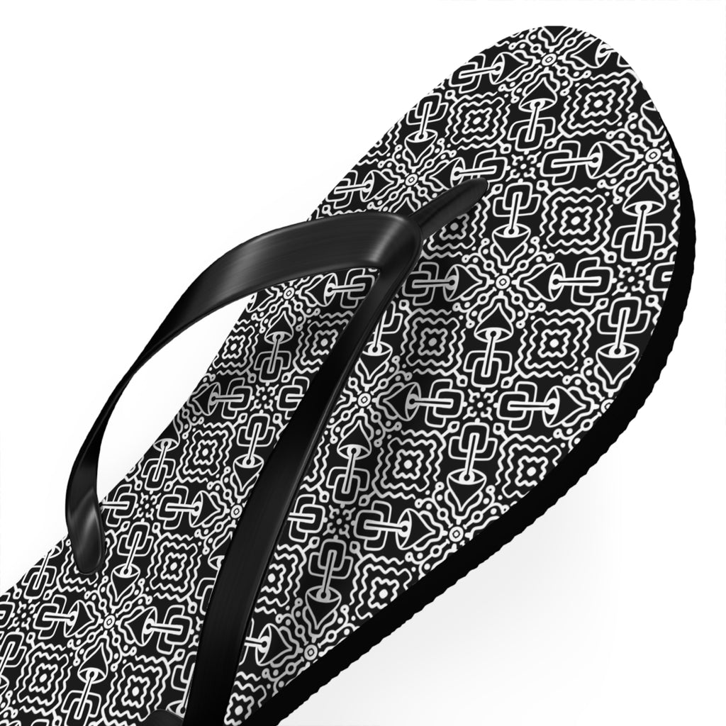 Monochrome Geometric Flip Flops — Black & White Aztec Pattern Beach Sandals #d98646