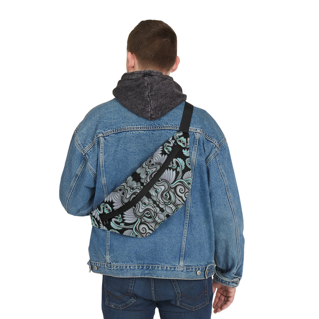 Large Fanny Pack — Black & Teal Ornate Pattern Waist Bag #wp23