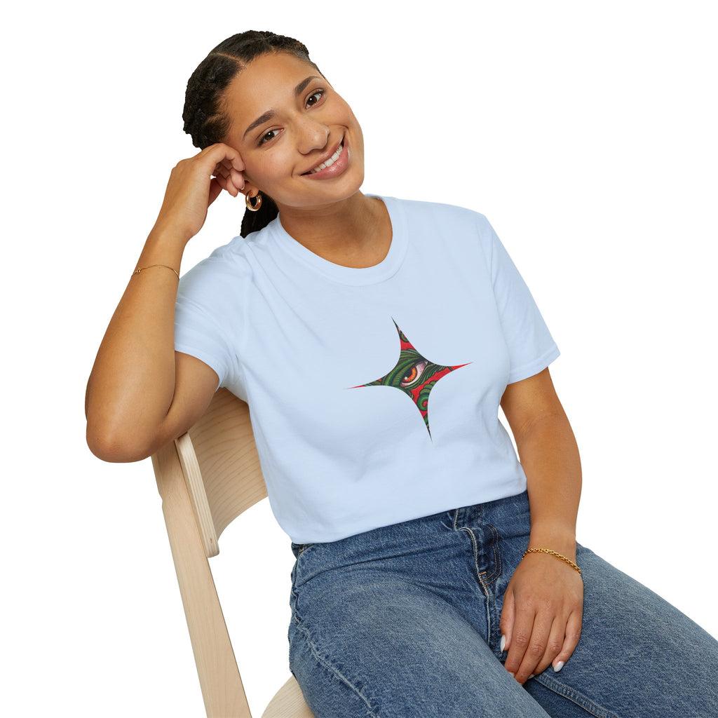Geometric Tribal Eye Tee — Abstract Red & Green Triangle Graphic T-Shirt #sx432177