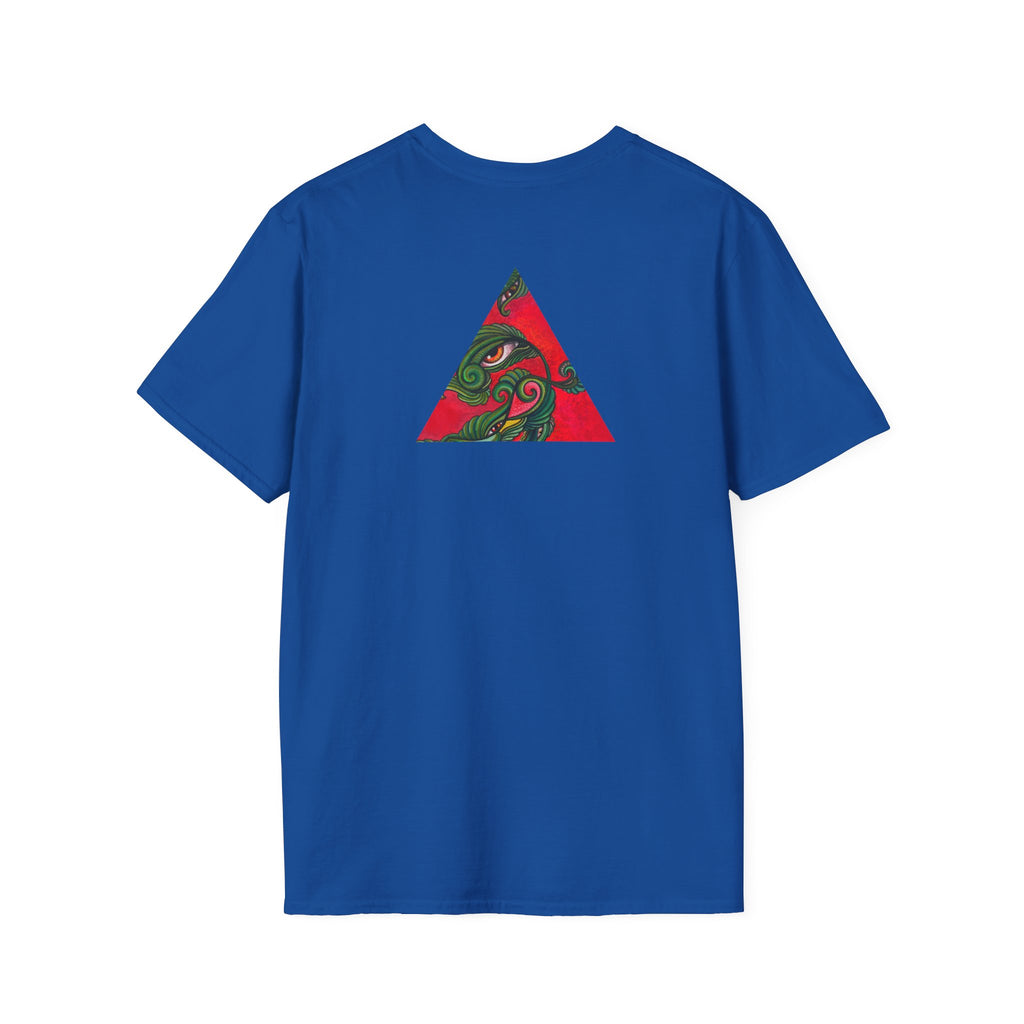 Geometric Tribal Eye Tee — Abstract Red & Green Triangle Graphic T-Shirt #sx432177