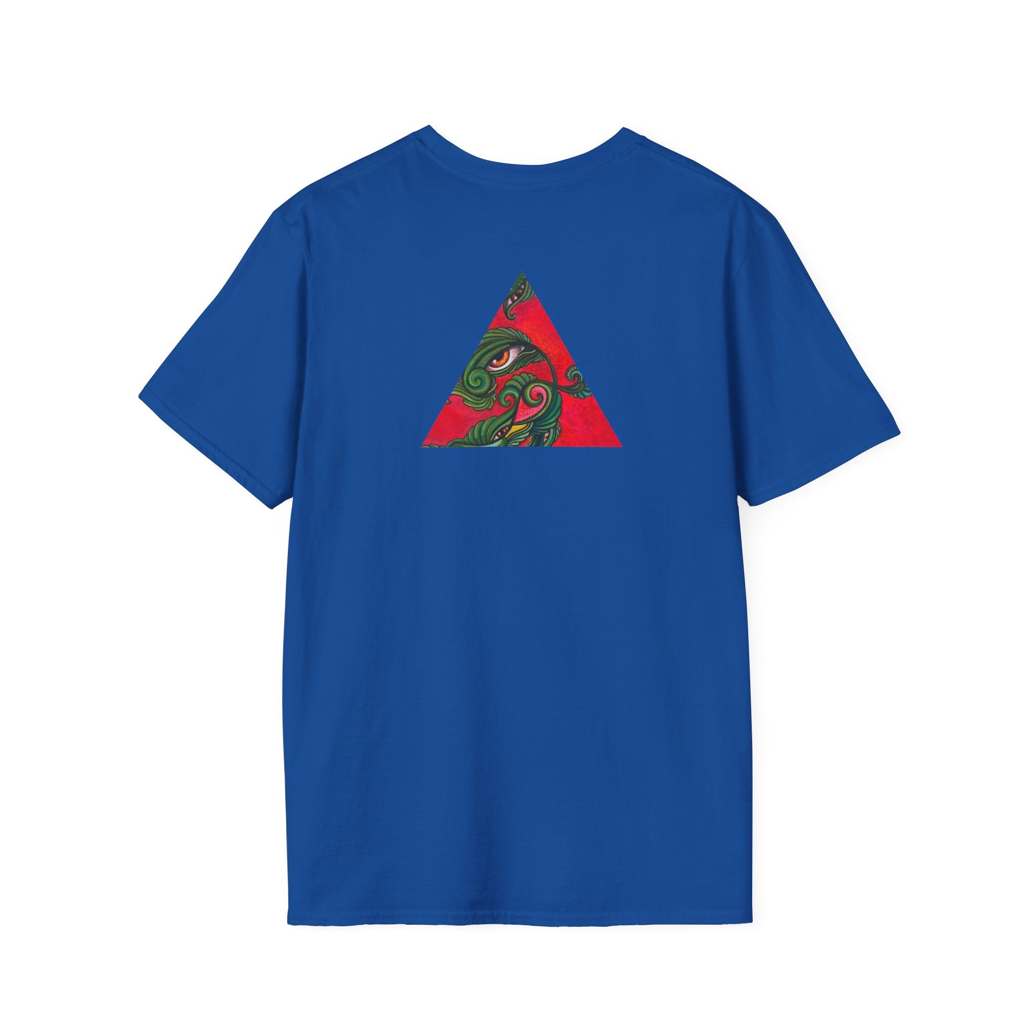 Geometric Tribal Eye Tee — Abstract Red & Green Triangle Graphic T-Shirt #sx432177