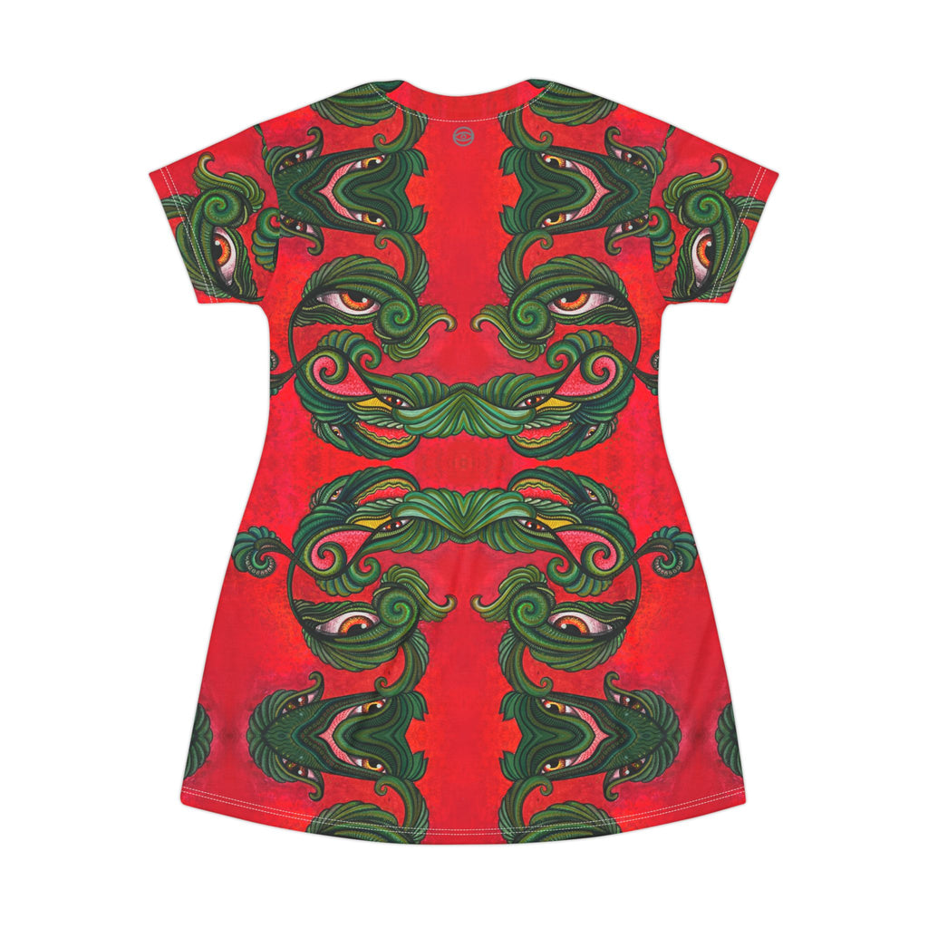 Green & Red Ornate Face Pattern T‑Shirt Dress — Abstract Baroque AOP #y4422288