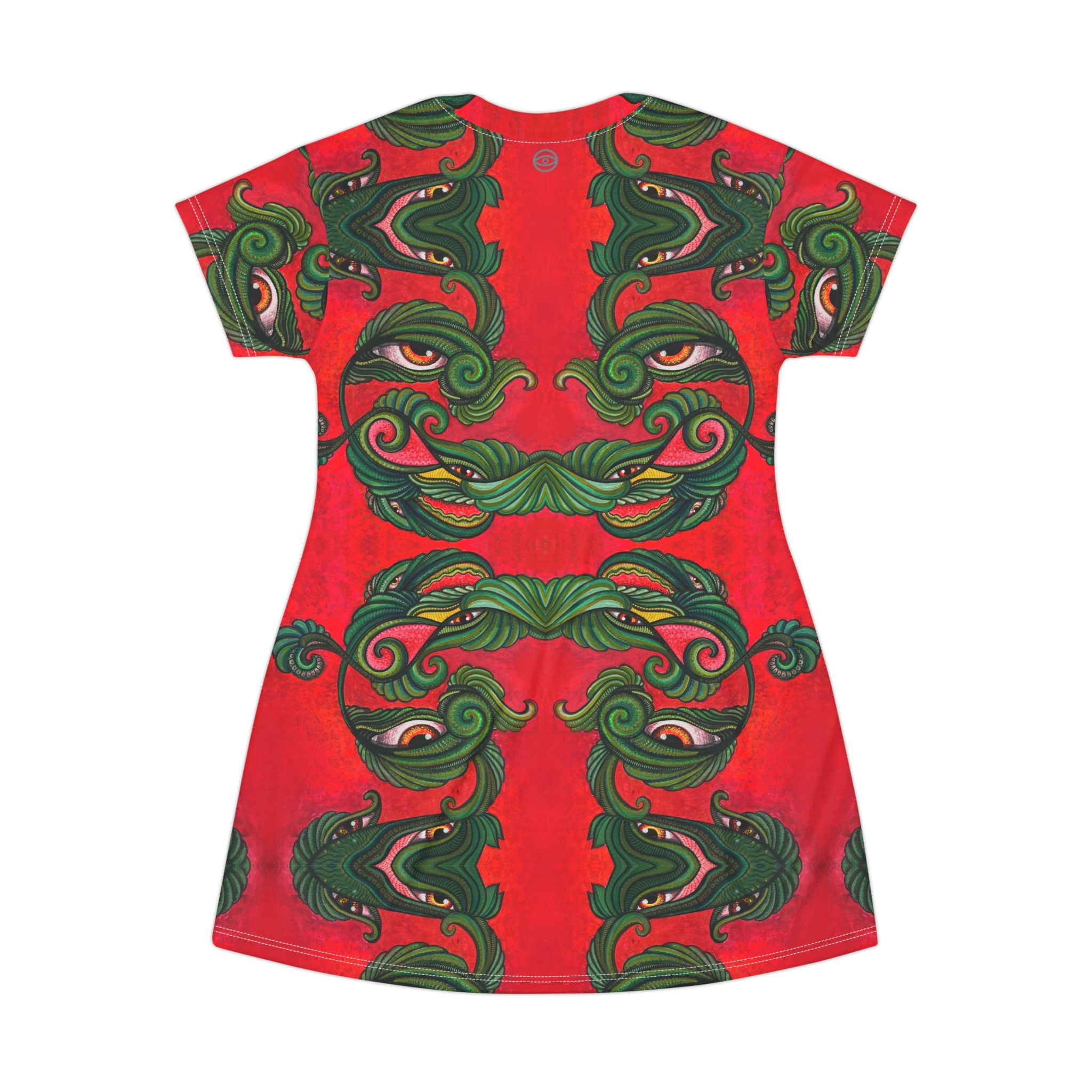 Green & Red Ornate Face Pattern T‑Shirt Dress — Abstract Baroque AOP #y4422288