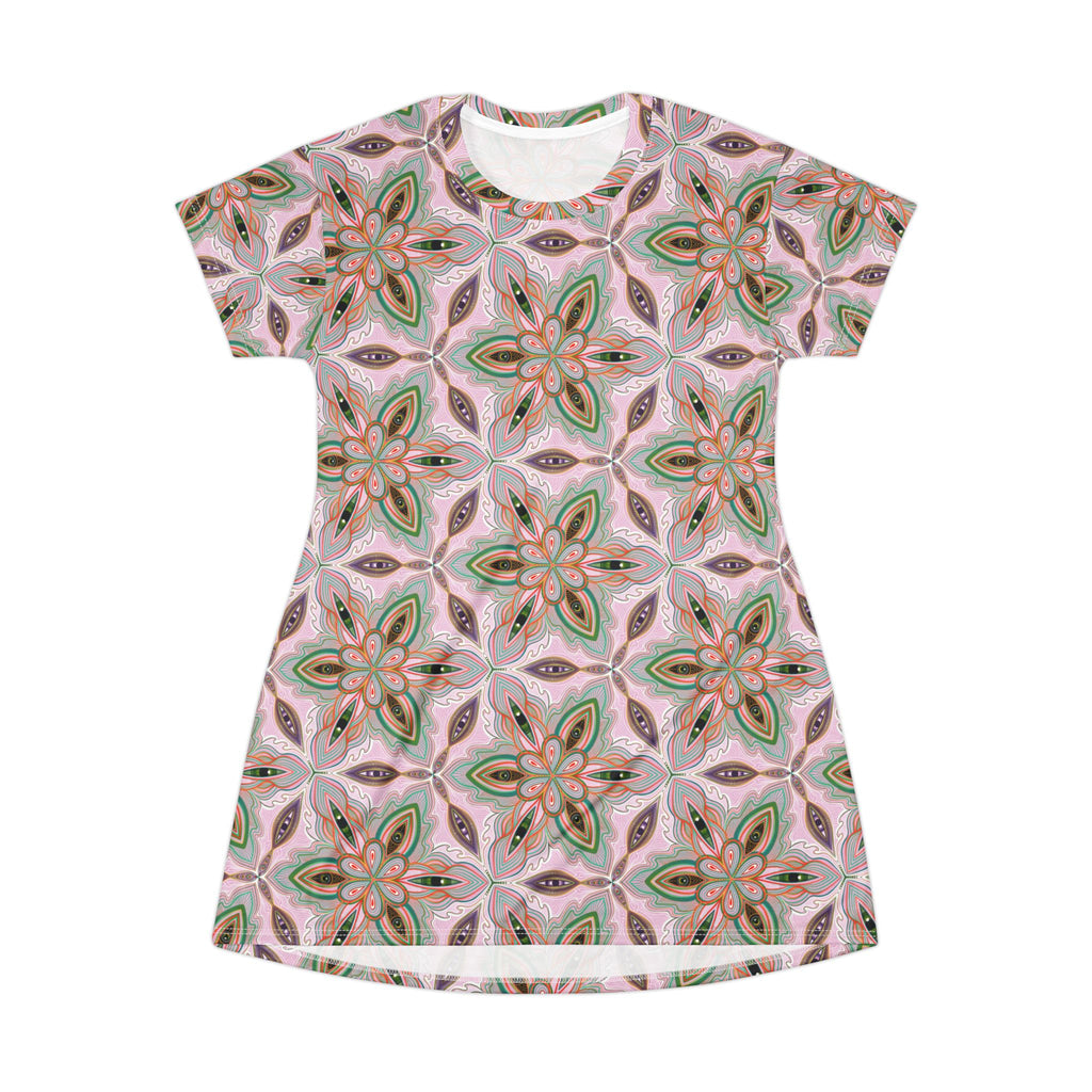 Floral Kaleidoscope T-Shirt Dress — Pink Boho All-Over Print #sd14564