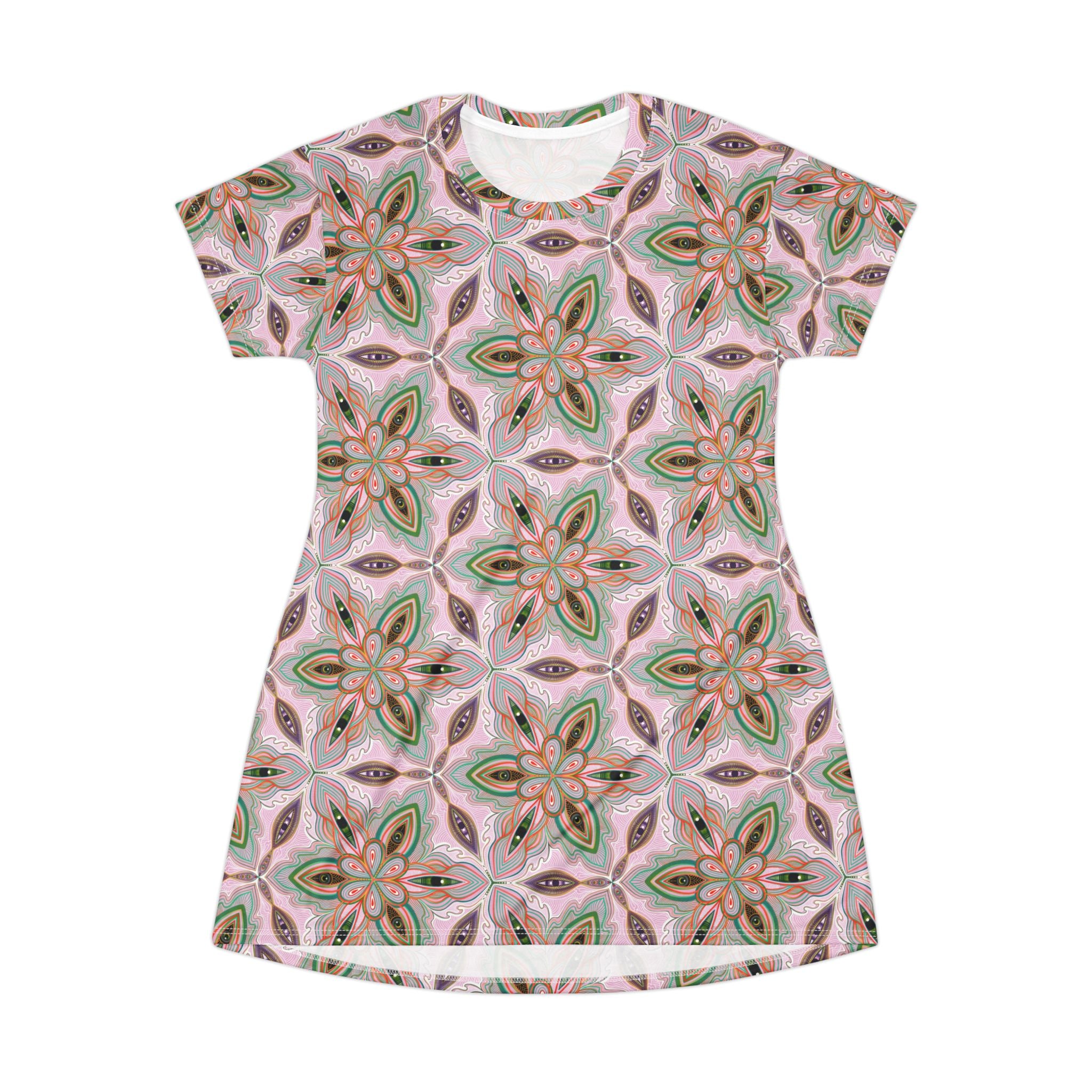 Floral Kaleidoscope T-Shirt Dress — Pink Boho All-Over Print #sd14564