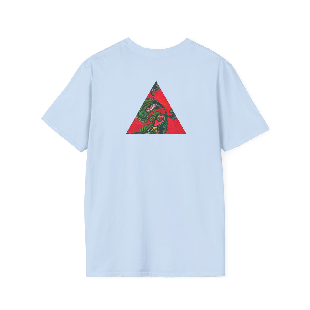 Geometric Tribal Eye Tee — Abstract Red & Green Triangle Graphic T-Shirt #sx432177