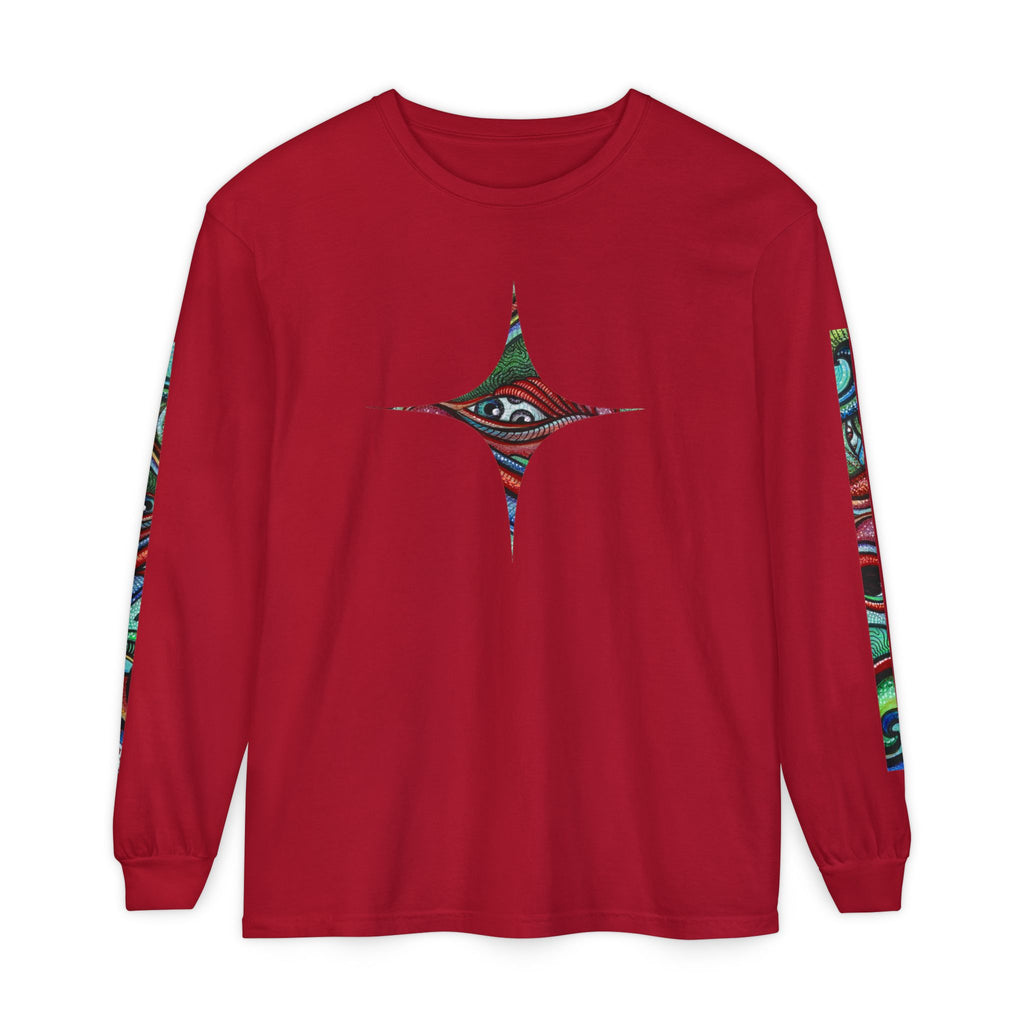 Psychedelic Starburst Long Sleeve Tee — Colorful Eye & Sleeve Stripe Design #k976344