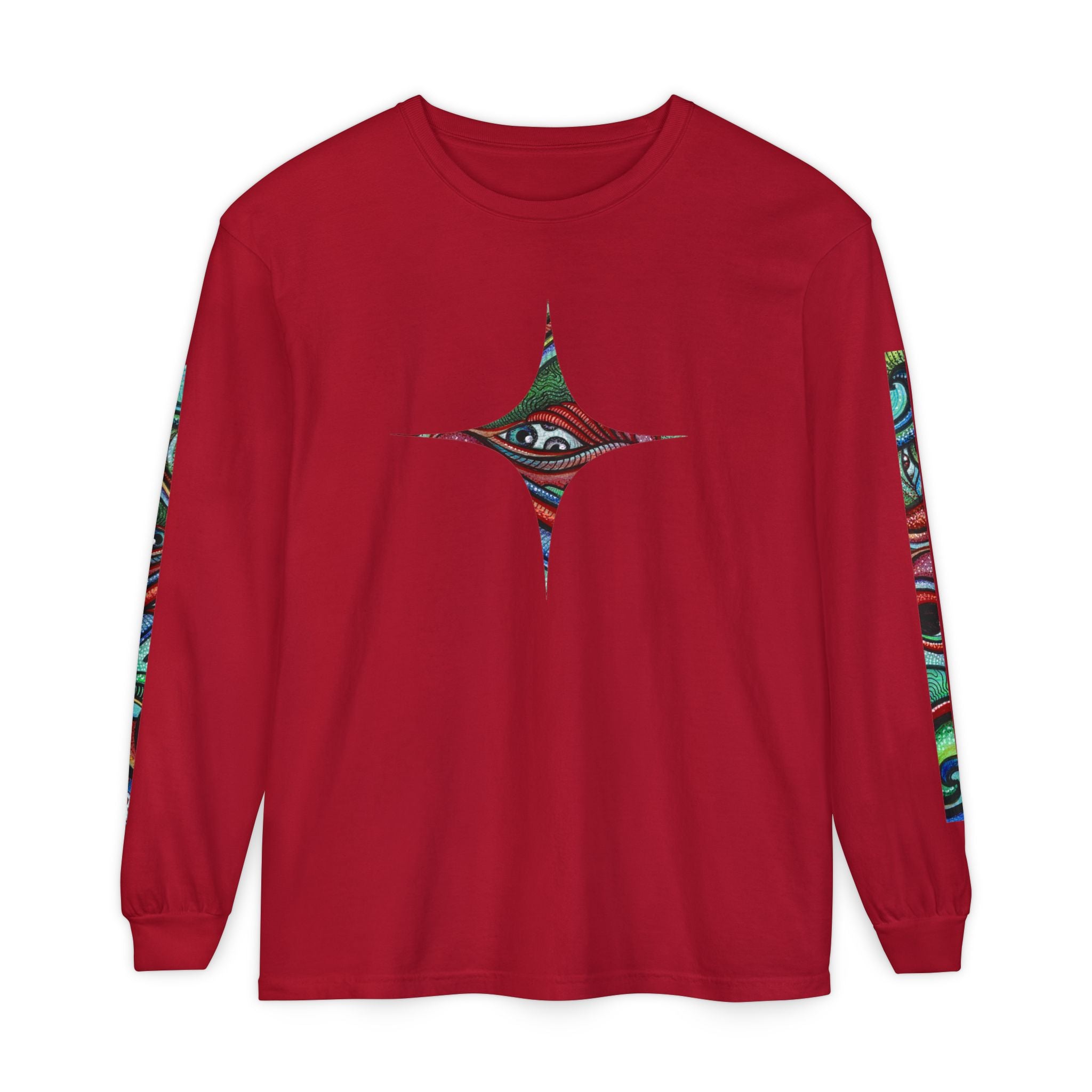 Psychedelic Starburst Long Sleeve Tee — Colorful Eye & Sleeve Stripe Design #k976344
