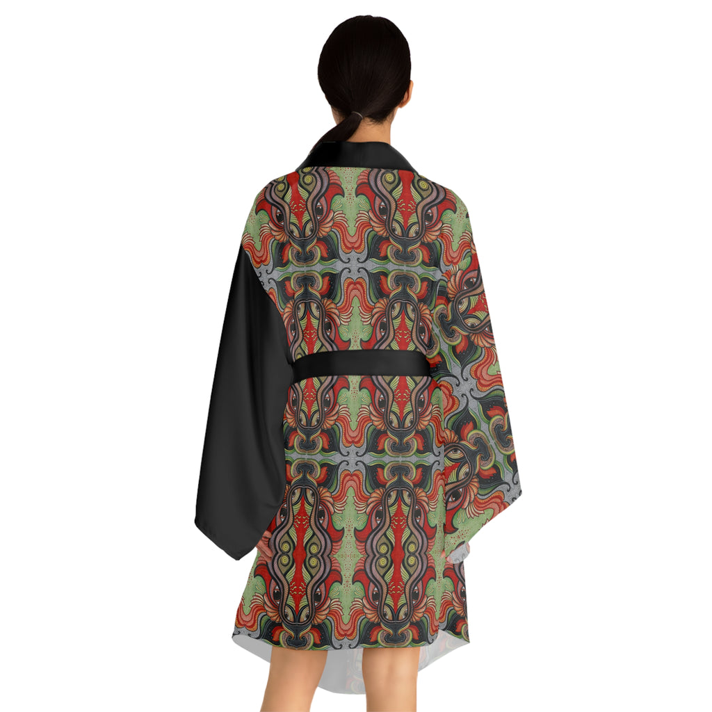 Kimono Robe – Bohemian Tribal Print Satin Wrap with Black Contrast #ut3336778