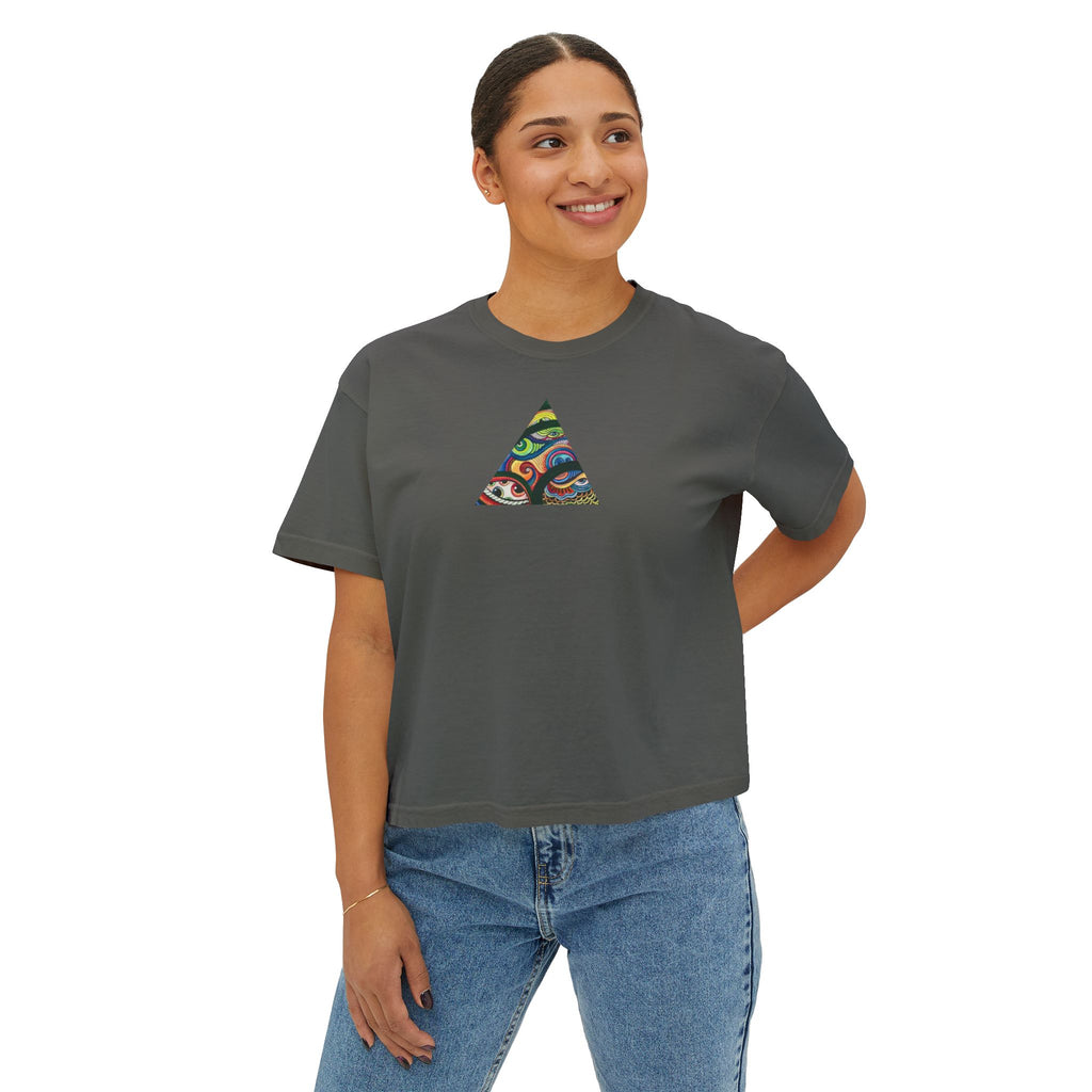 Women's Boxy Tee with Abstract Colorful Triangle (Front) & Heart (Back) Art — Casual Graphic Crop Top #hd9859