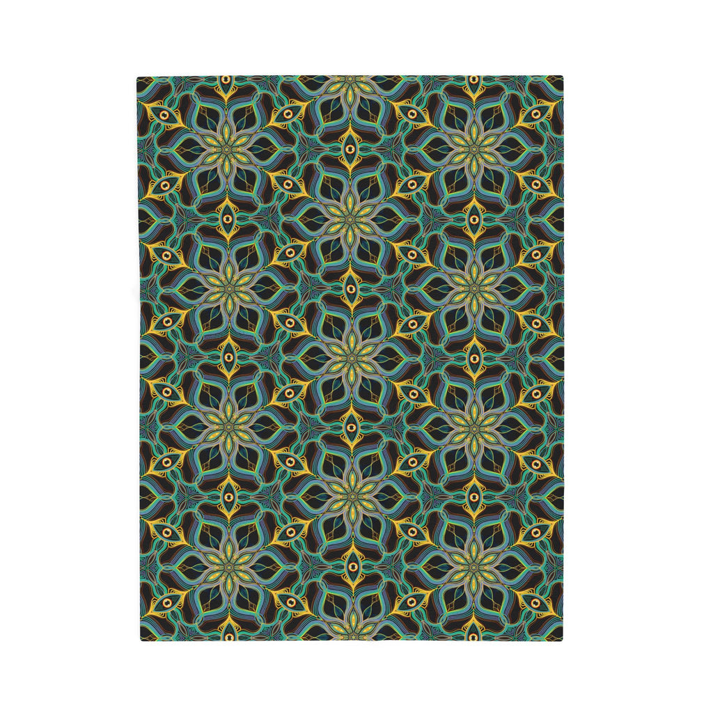 Velveteen Plush Blanket - Teal & Gold Geometric Mandala Throw #h73