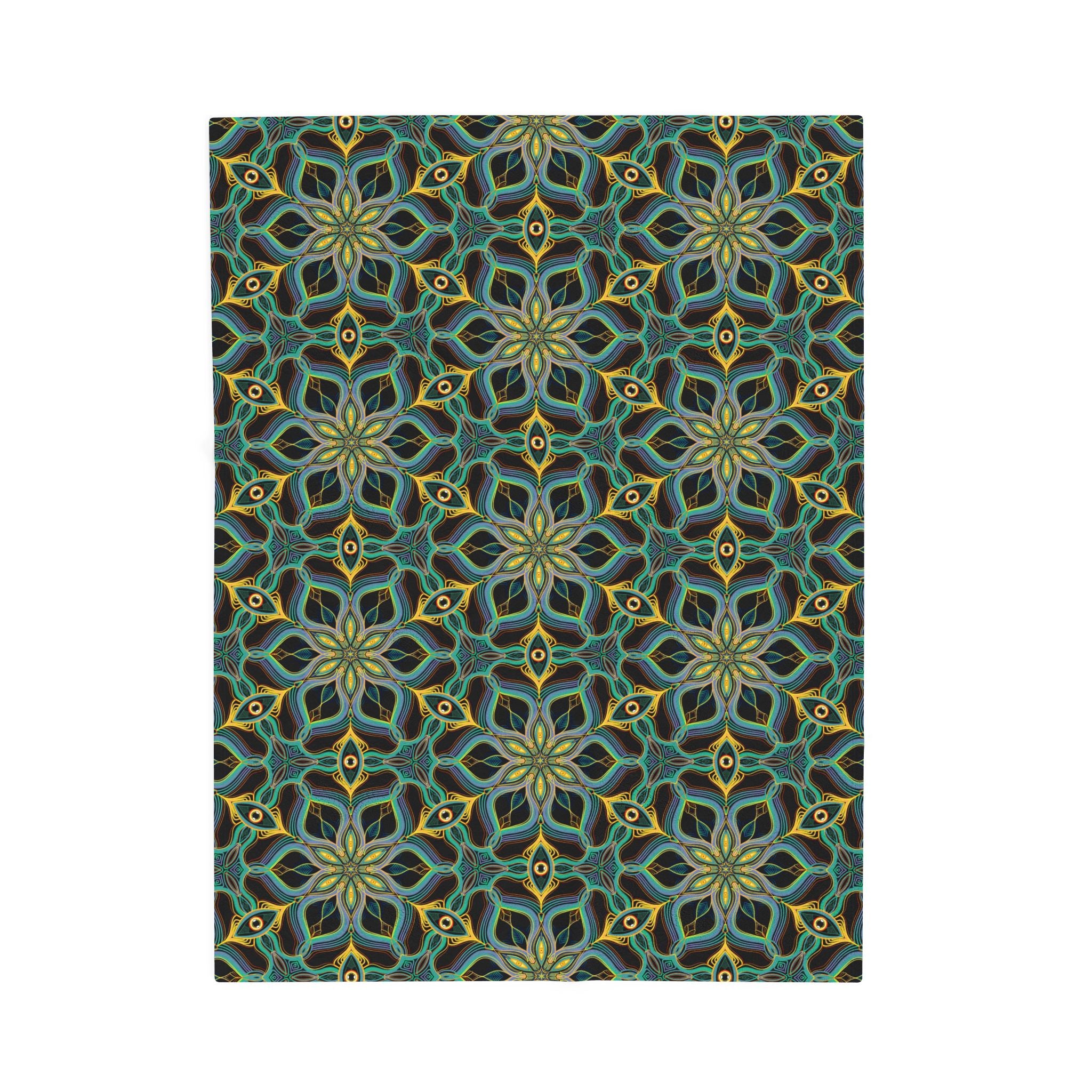 Velveteen Plush Blanket - Teal & Gold Geometric Mandala Throw #h73