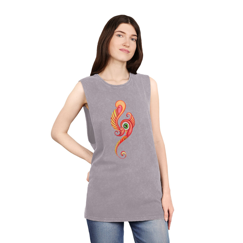 Stonewash Tank Top with Vibrant Abstract Feather Design #rgy3566