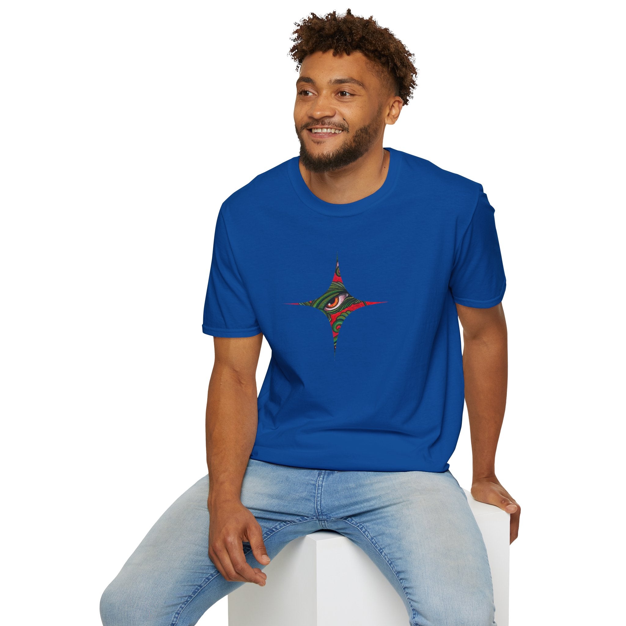 Geometric Tribal Eye Tee — Abstract Red & Green Triangle Graphic T-Shirt #sx432177