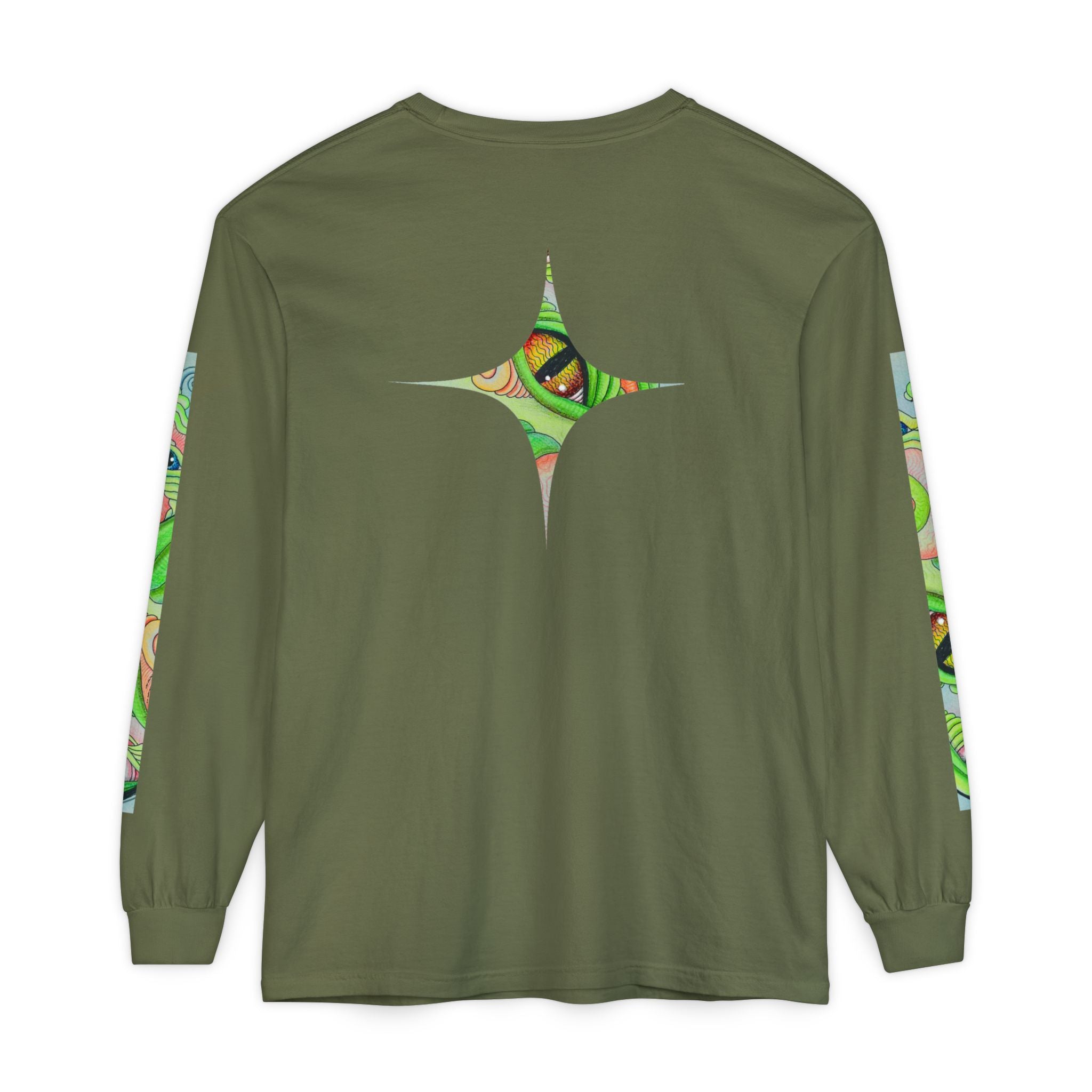 Psychedelic Green Triangle Long Sleeve Tee — Tribal Star Sleeve Artwork #gf086357