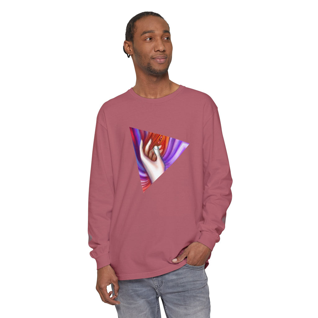 Long Sleeve T-Shirt — Triangular Hand Art Graphic (White) #sh26774