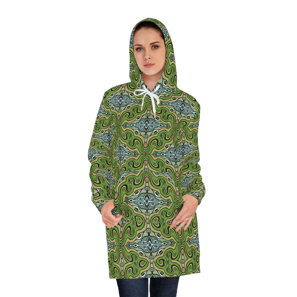 Green Kaleidoscope Hoodie Dress — All-Over-Print Boho Cozy Tunic #d13558765