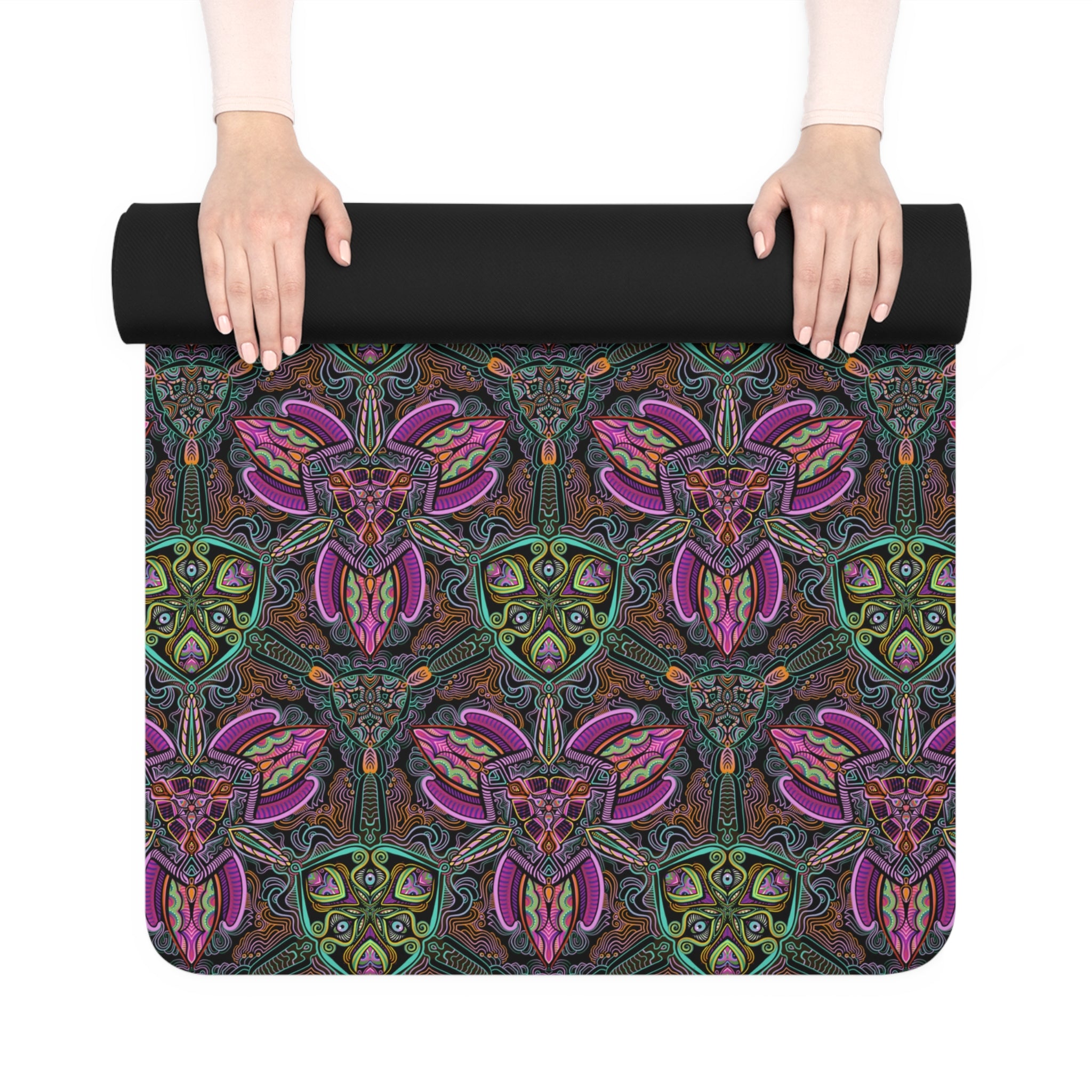 Floral Mandala Rubber Yoga Mat — Non-Slip Purple Green Patterned Mat #frg22567
