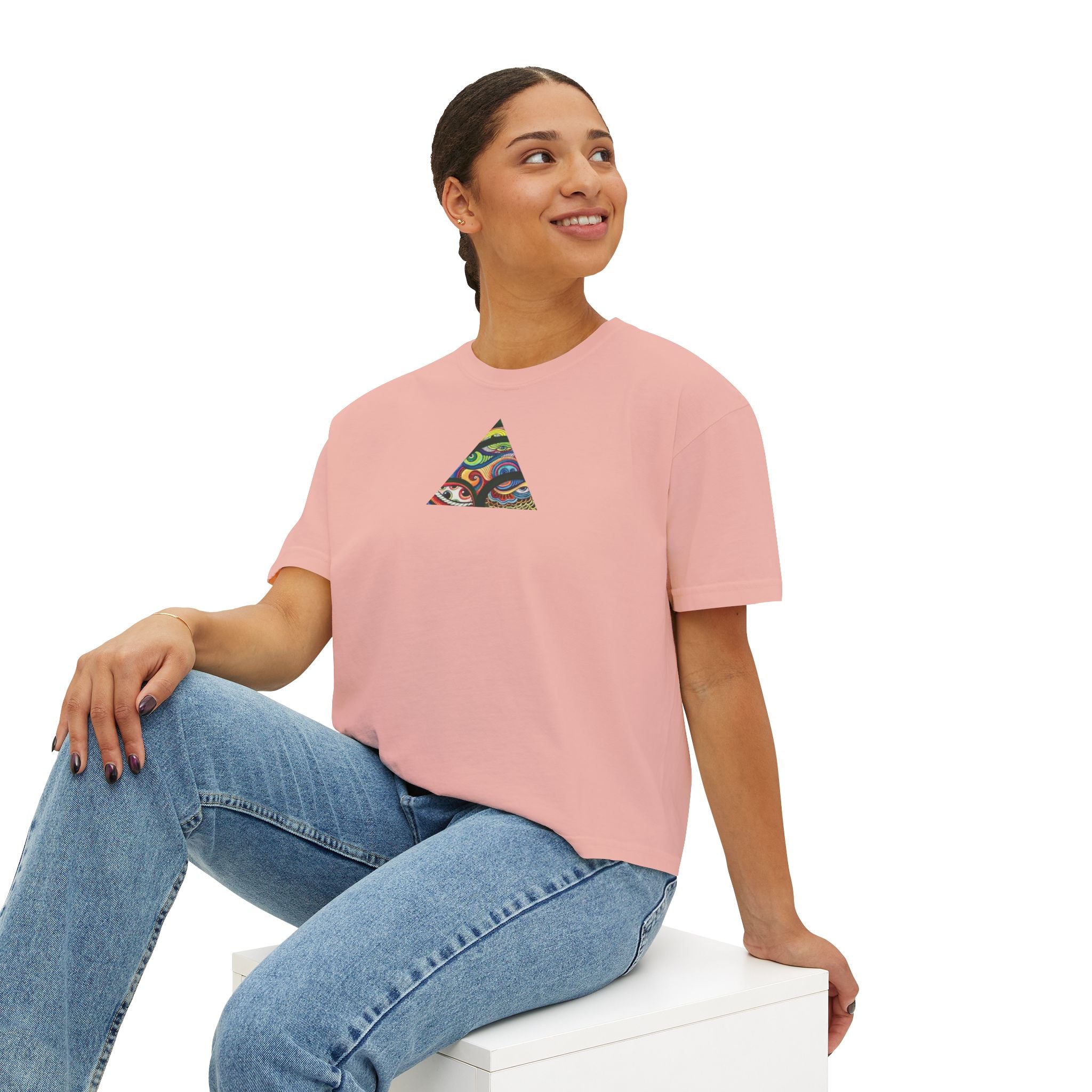 Women's Boxy Tee with Abstract Colorful Triangle (Front) & Heart (Back) Art — Casual Graphic Crop Top #hd9859