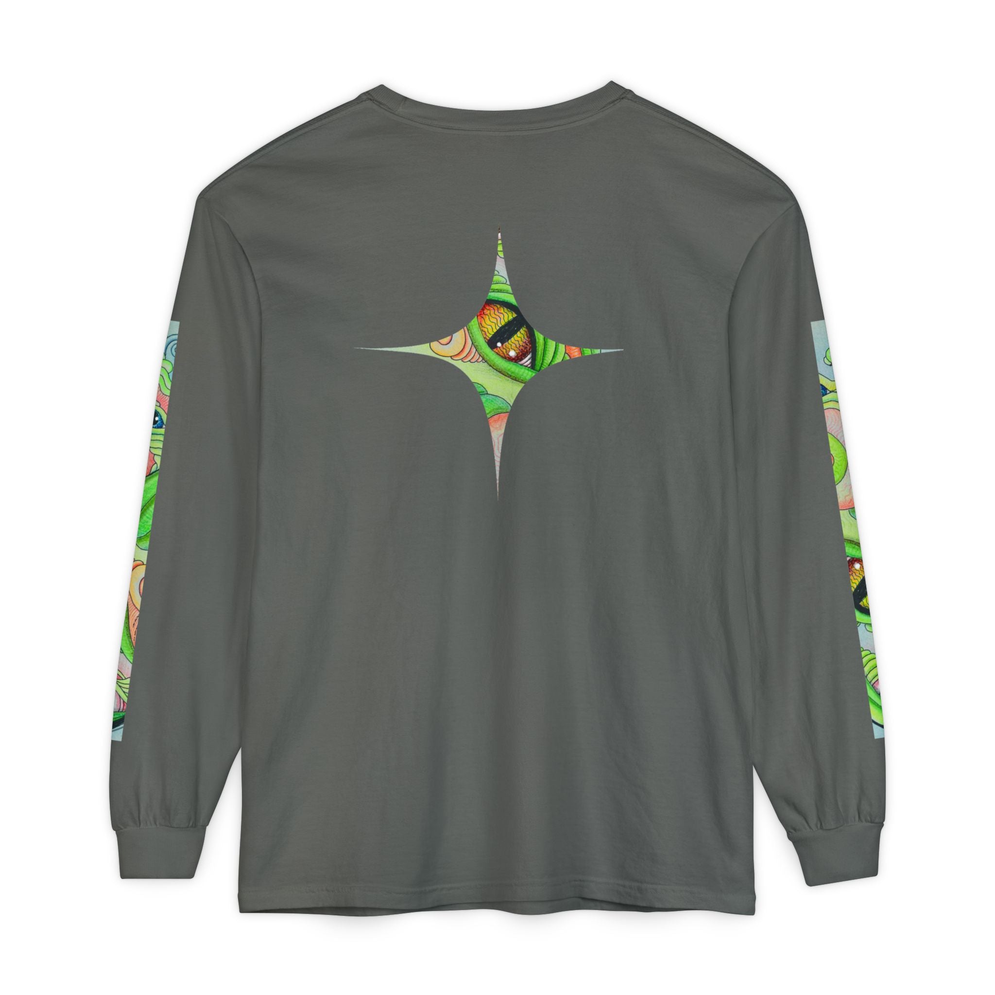 Psychedelic Green Triangle Long Sleeve Tee — Tribal Star Sleeve Artwork #gf086357
