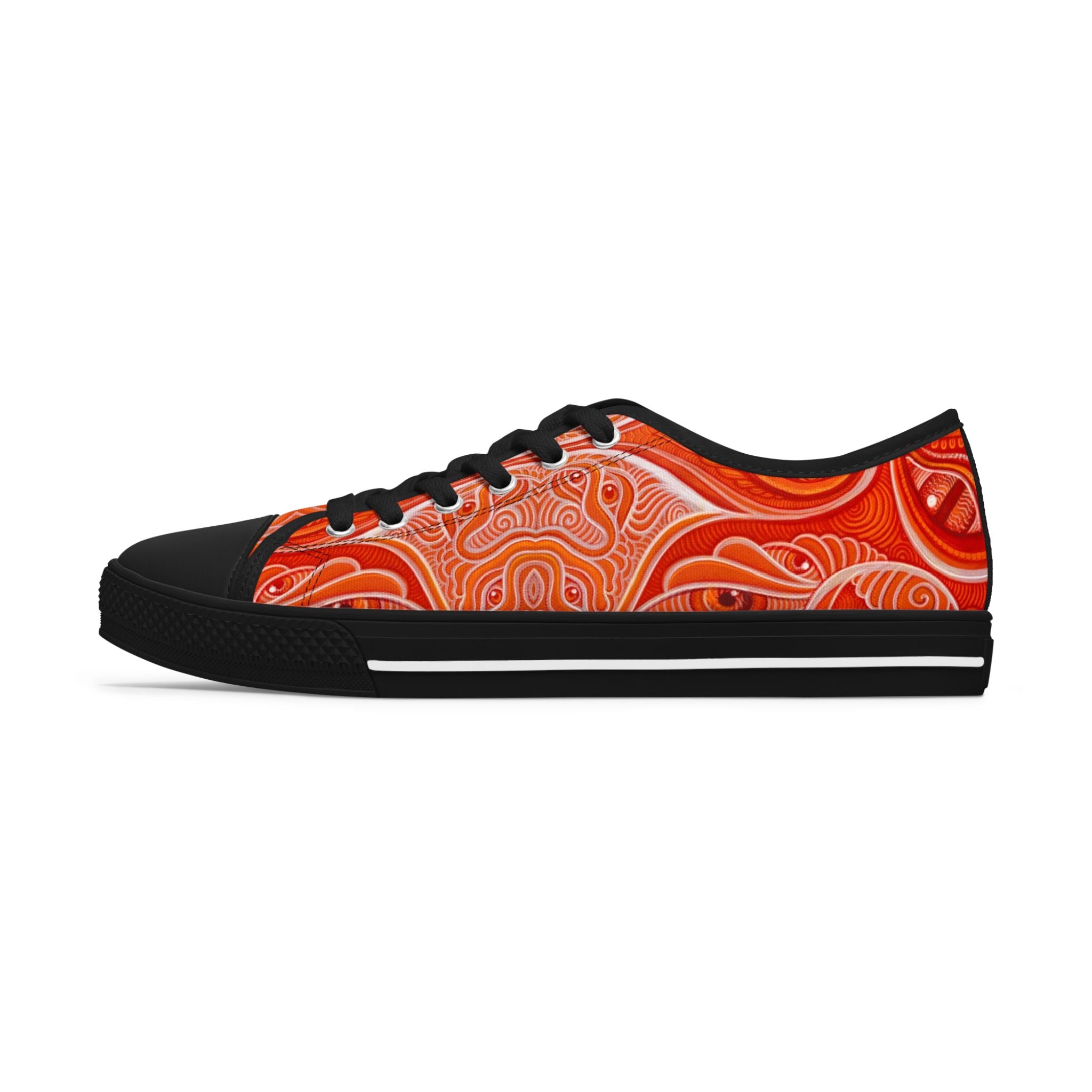 Women's Low Top Sneakers — Red Abstract Swirl Canvas Shoes, Artistic Casual Lace-Up Trainers #d00422