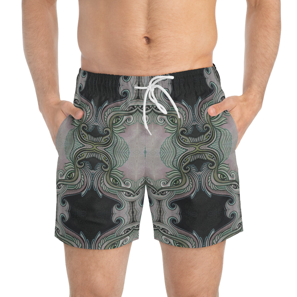Retro Ornate Pattern Swim Trunks — Vintage Green & Pink All-Over Print #hd097532