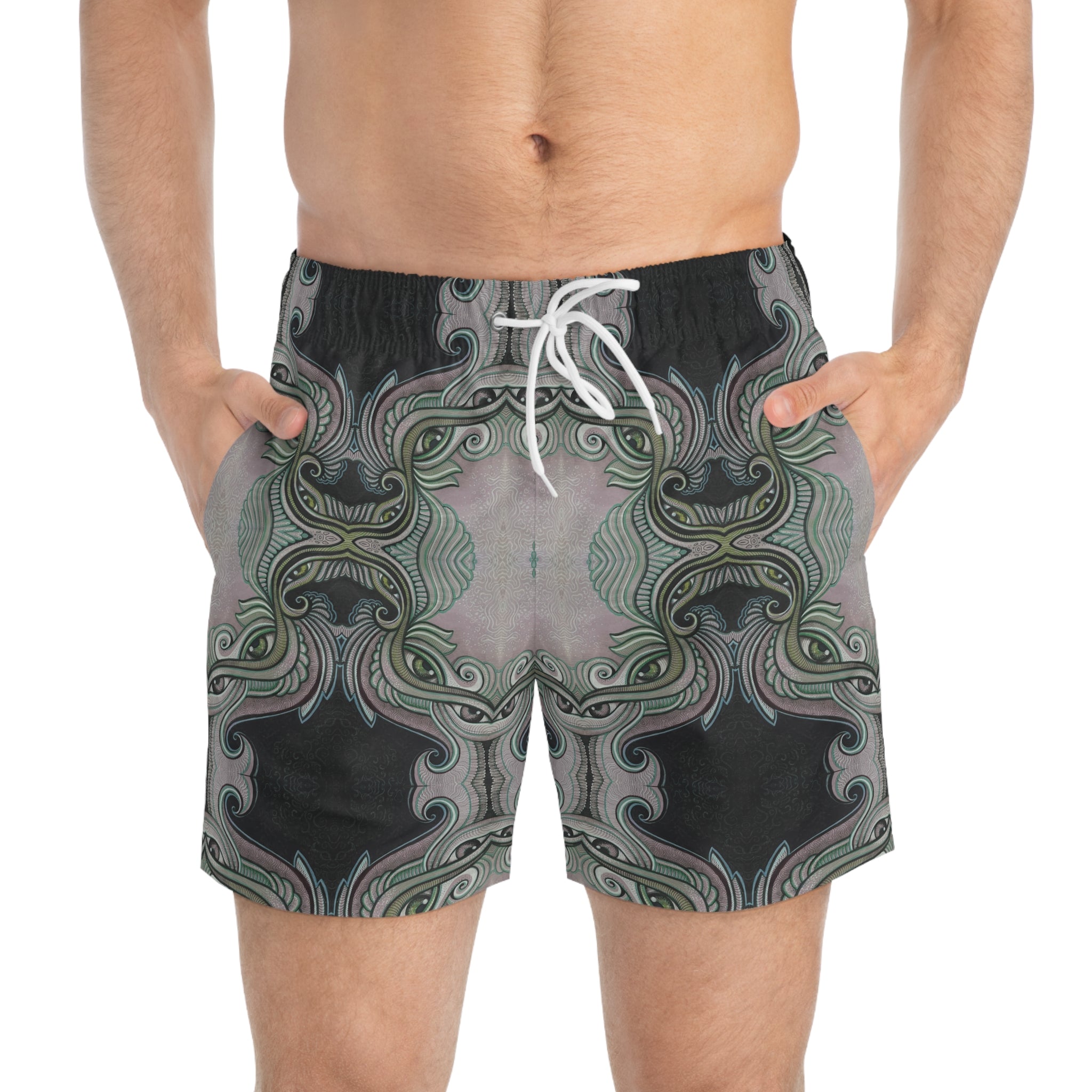 Retro Ornate Pattern Swim Trunks — Vintage Green & Pink All-Over Print #hd097532