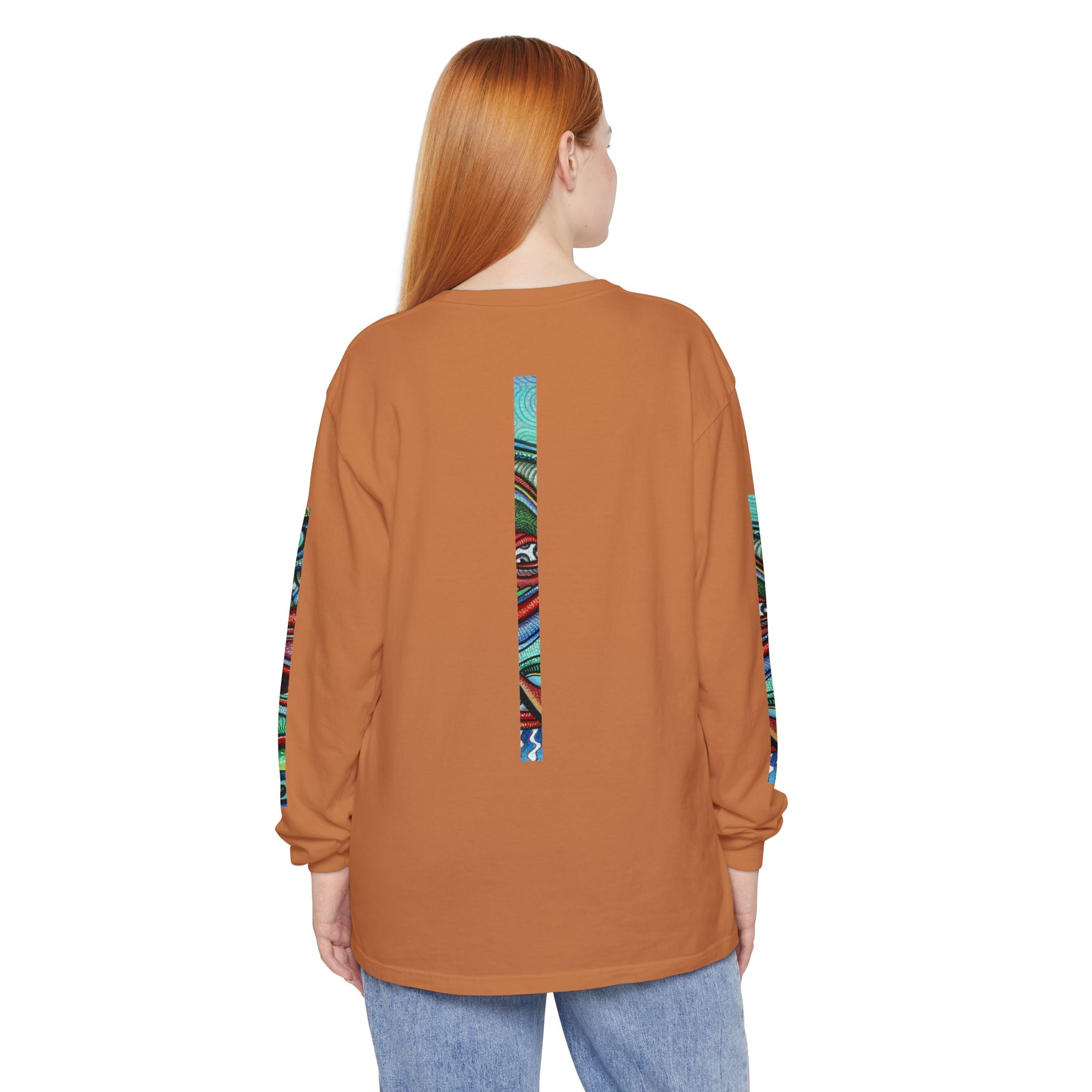 Psychedelic Starburst Long Sleeve Tee — Colorful Eye & Sleeve Stripe Design #k976344