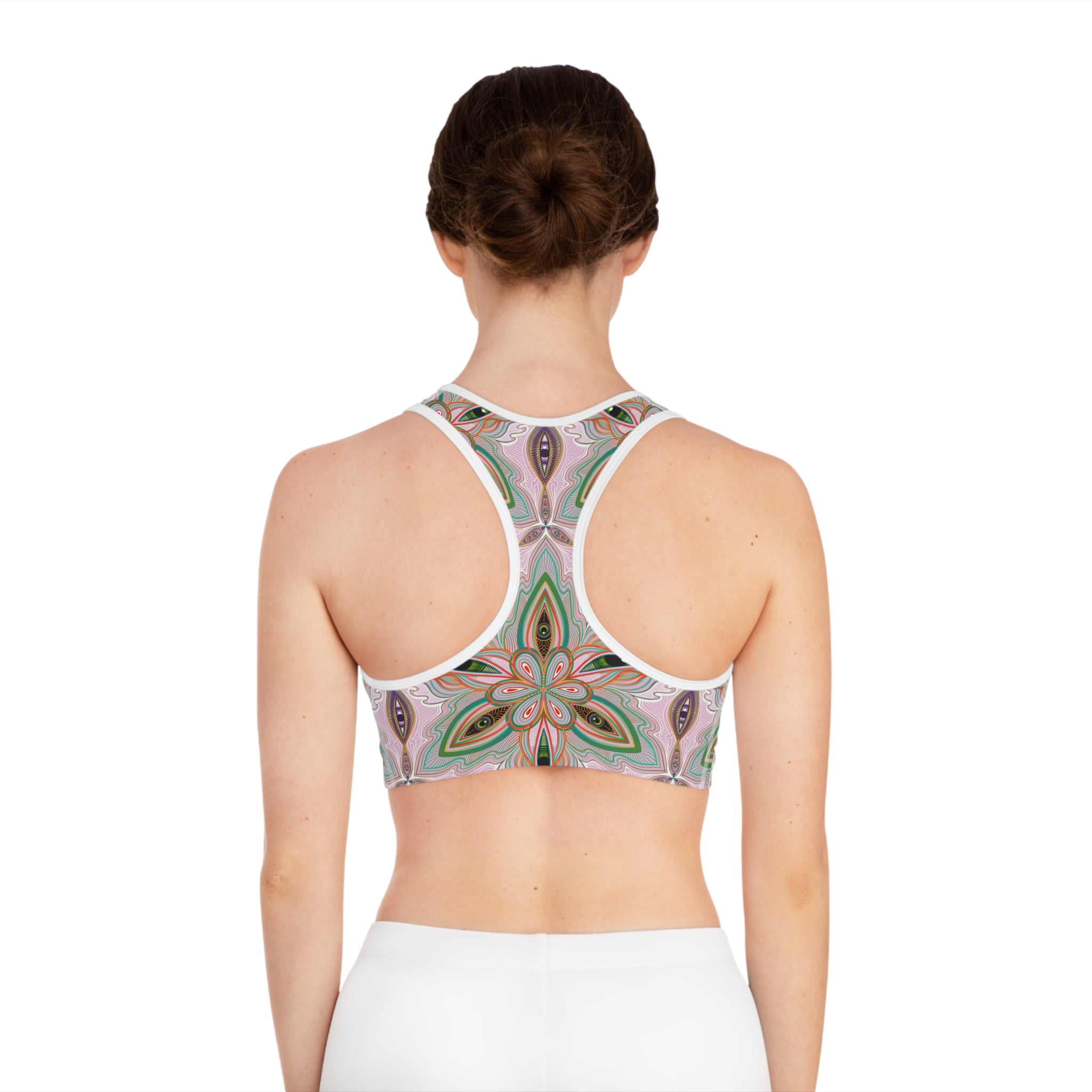 Floral Mandala Sports Bra — Pink Green All-Over Print Activewear #h00532
