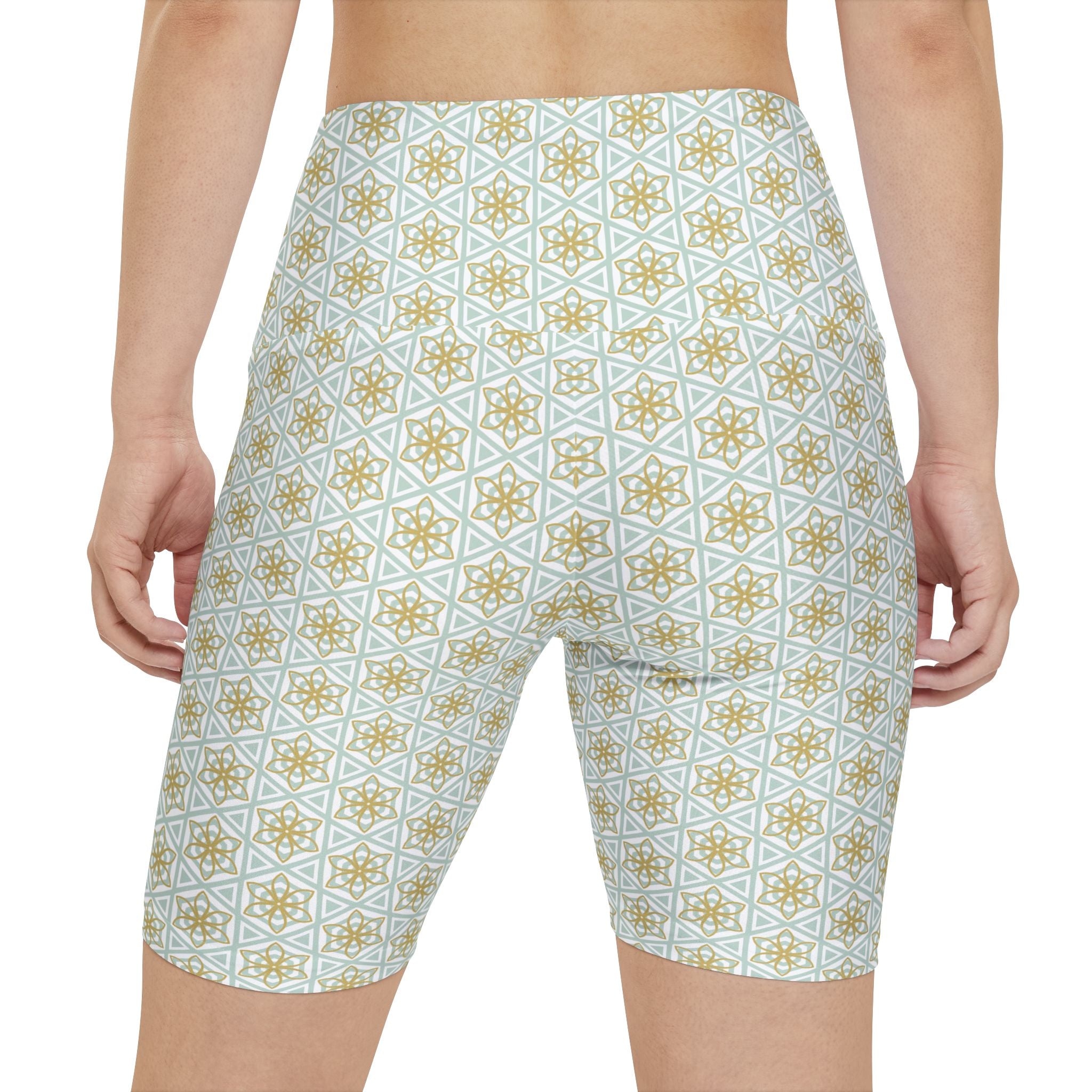 Geometric Tile Print Women's Workout Shorts — Mint & Gold AOP Activewear #d24245