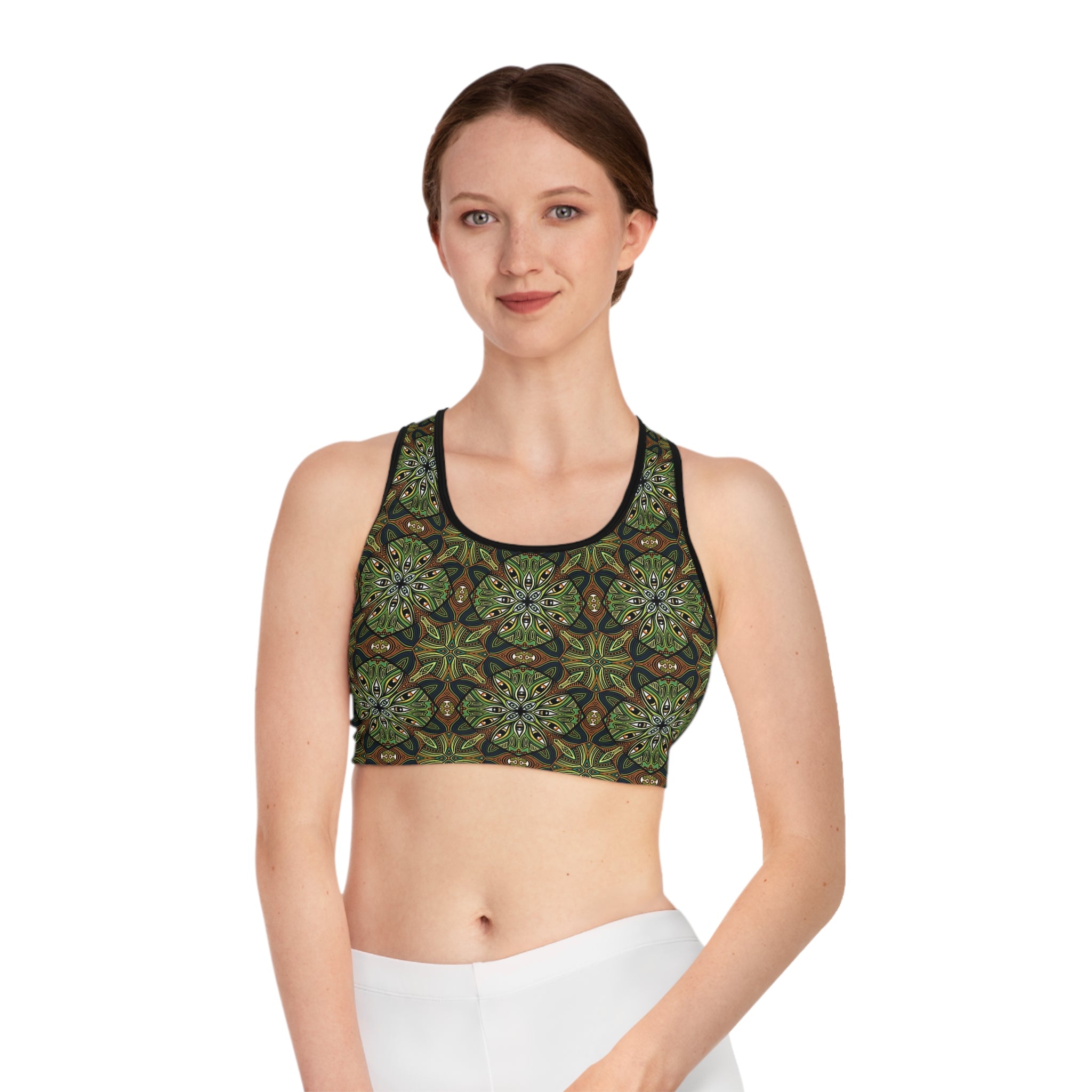 Green Kaleidoscope Sports Bra — All-Over-Print Floral Mandala Activewear #ghh4578